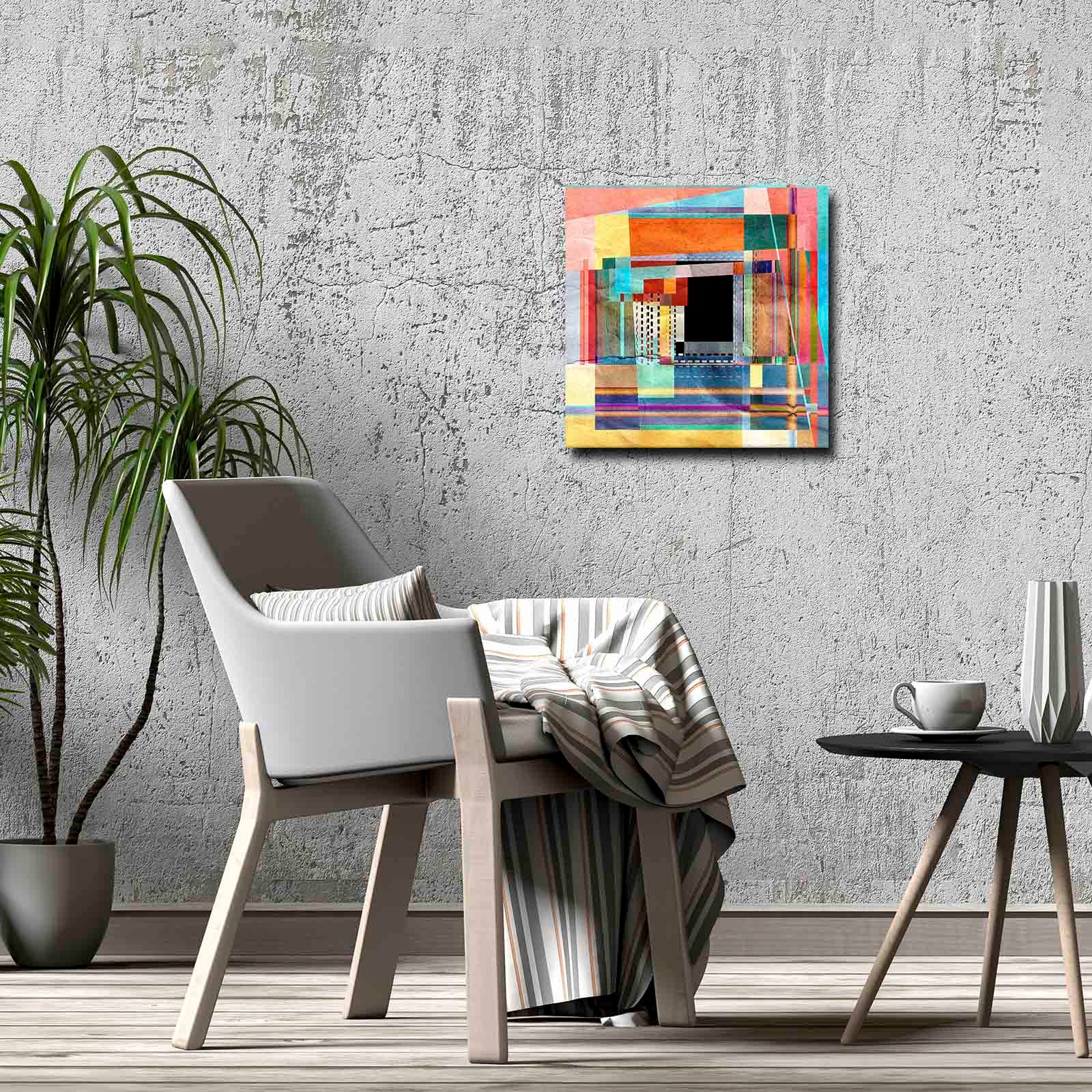 Quadro Decorativo em Tela 45x45cm - Pintura Multicolor com Moldura de Pinho Natural