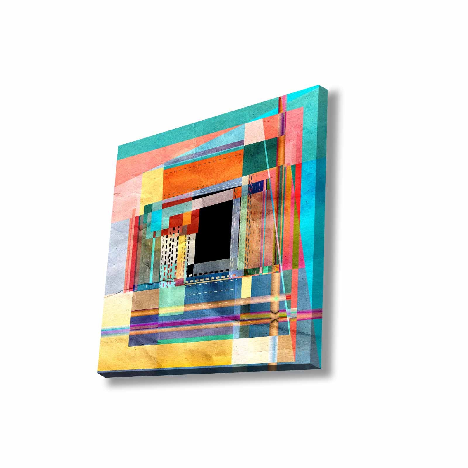 Quadro Decorativo em Tela 45x45cm - Pintura Multicolor com Moldura de Pinho Natural