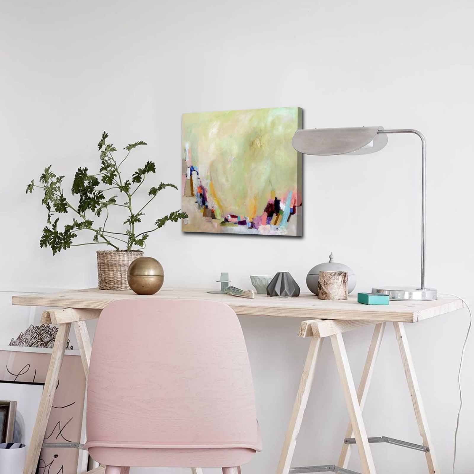 Quadro Decorativo em Tela 45x45cm - Pintura Multicolor com Moldura de Pinho Natural