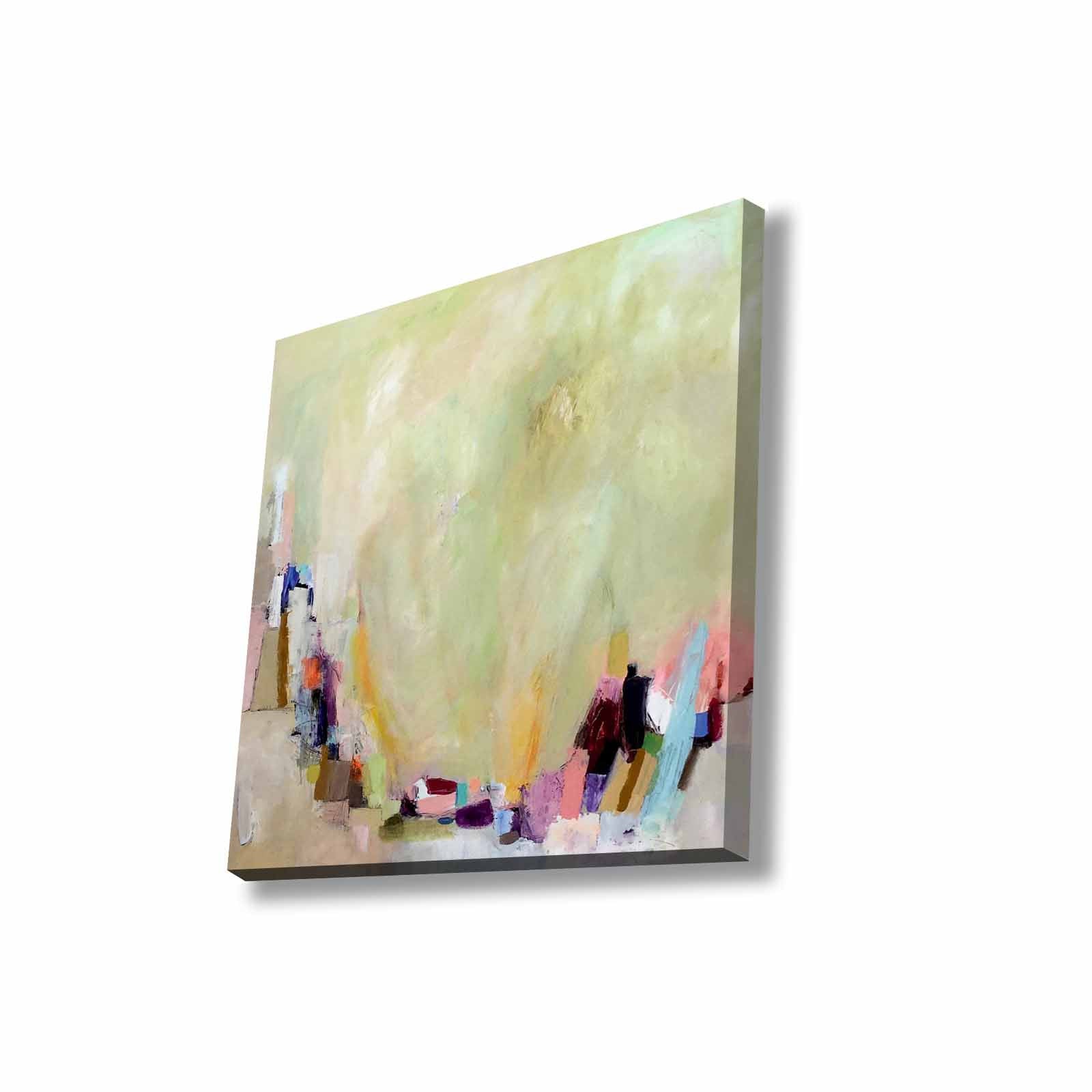 Quadro Decorativo em Tela 45x45cm - Pintura Multicolor com Moldura de Pinho Natural