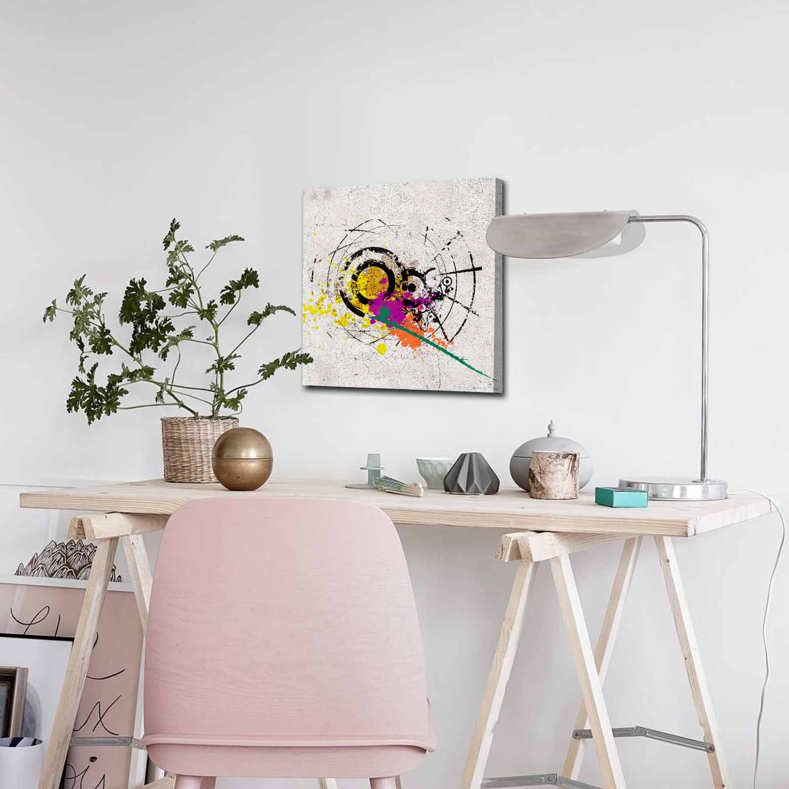 Quadro Decorativo em Tela 45x45cm - Pintura Multicolor com Moldura de Pinho Natural