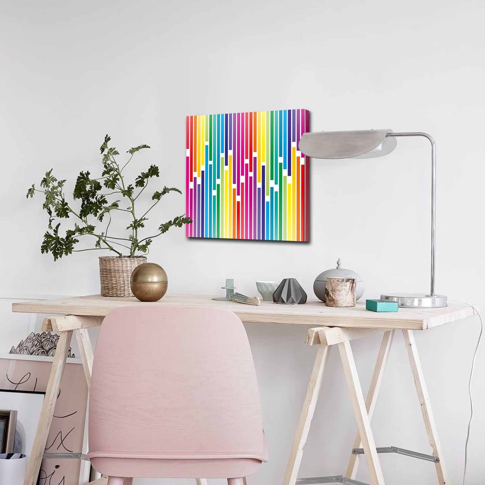 Quadro Decorativo em Tela 45x45cm - Pintura Multicolor com Moldura de Pinho Natural