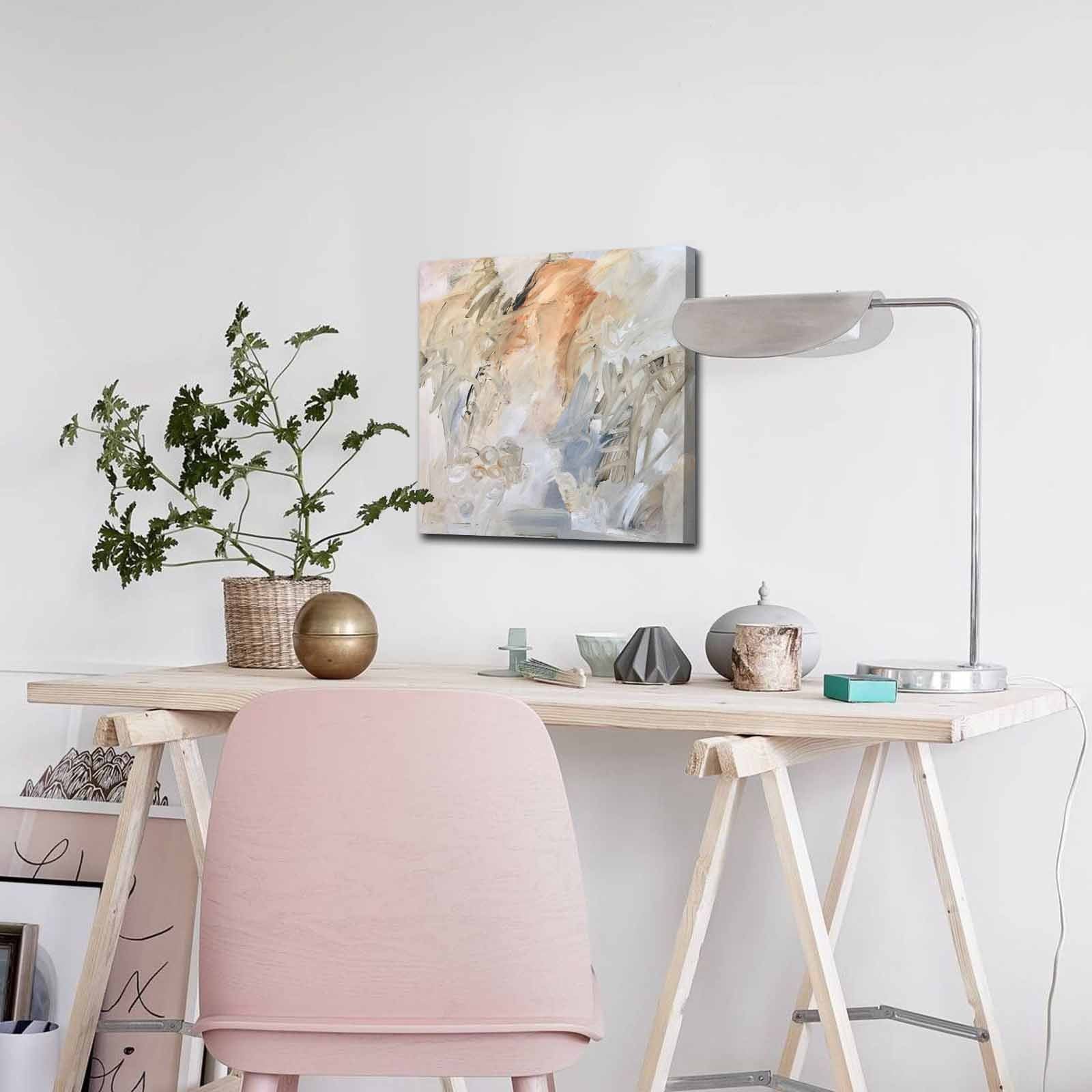 Quadro Decorativo em Tela 45x45cm - Pintura Multicolor com Moldura de Pinho Natural