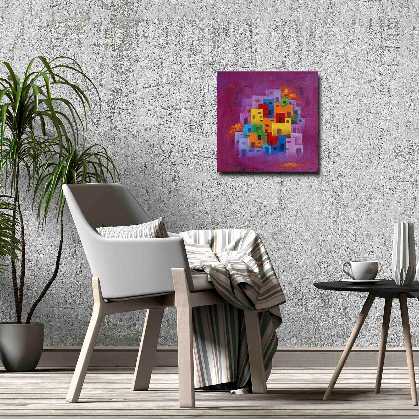 Quadro Decorativo em Tela 45x45cm - Pintura Multicolor com Moldura de Pinho Natural