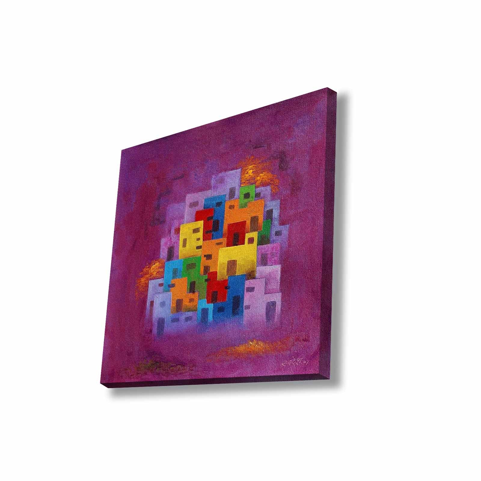 Quadro Decorativo em Tela 45x45cm - Pintura Multicolor com Moldura de Pinho Natural