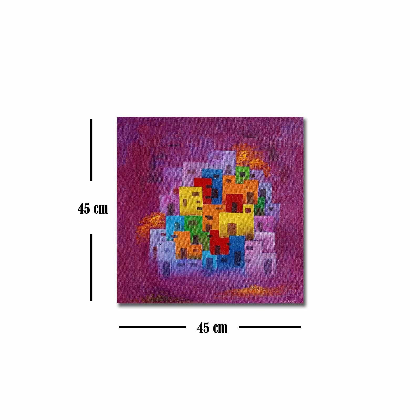 Quadro Decorativo em Tela 45x45cm - Pintura Multicolor com Moldura de Pinho Natural