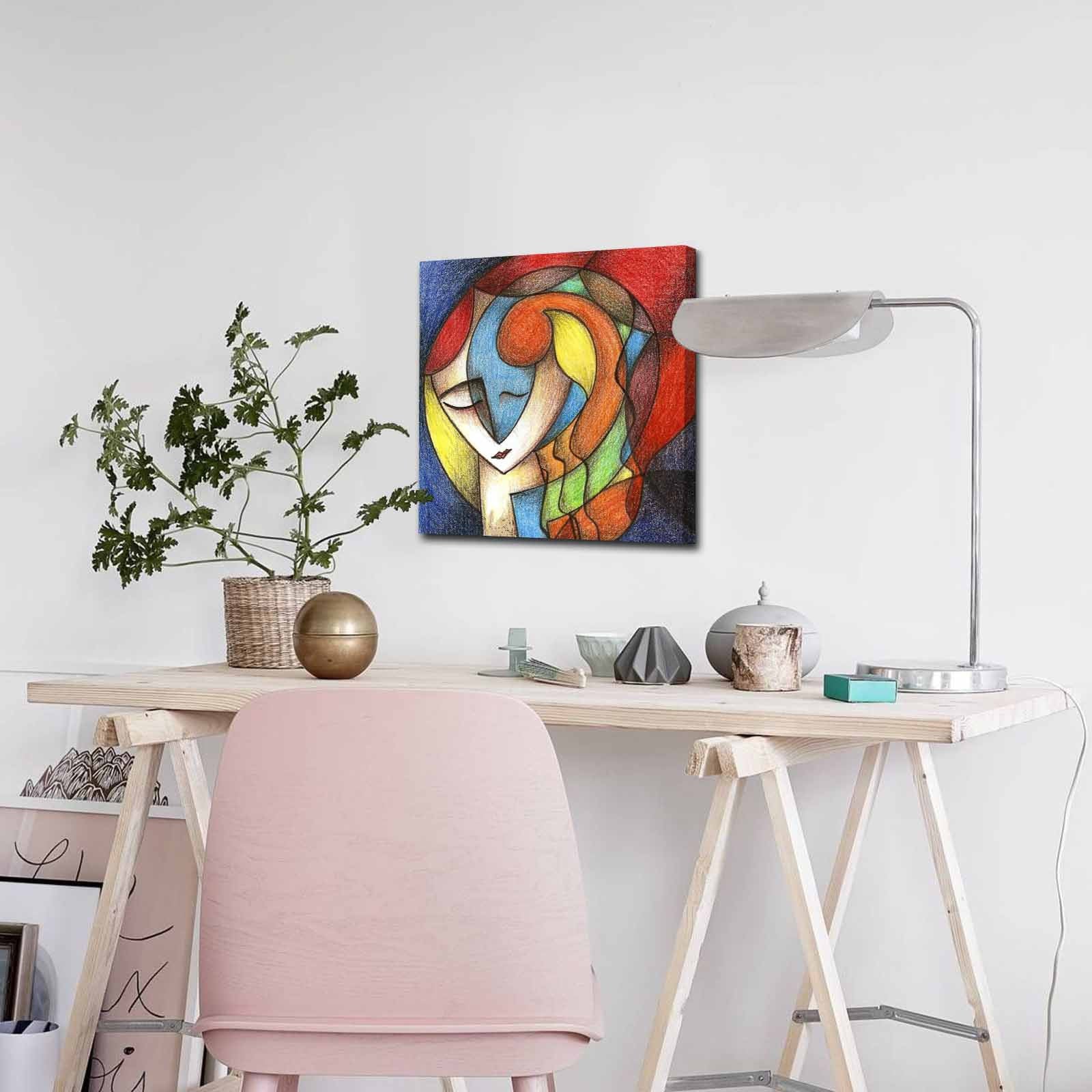 Quadro Decorativo em Tela 45x45cm - Pintura Multicolor com Moldura de Pinho Natural