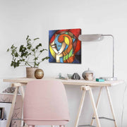 Quadro Decorativo em Tela 45x45cm - Pintura Multicolor com Moldura de Pinho Natural