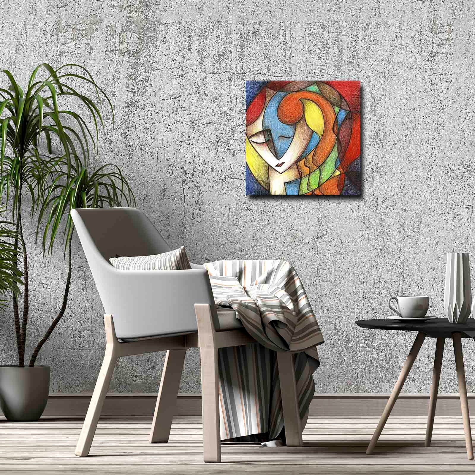 Quadro Decorativo em Tela 45x45cm - Pintura Multicolor com Moldura de Pinho Natural