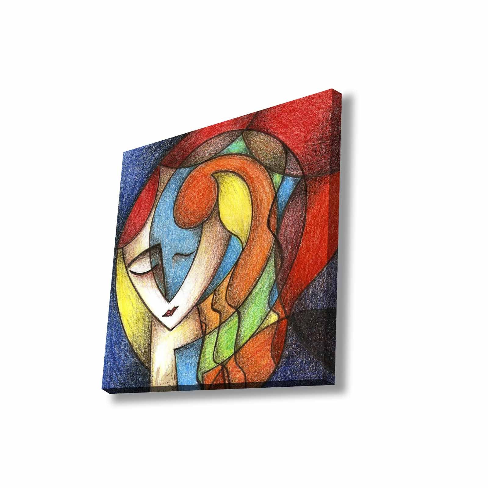 Quadro Decorativo em Tela 45x45cm - Pintura Multicolor com Moldura de Pinho Natural