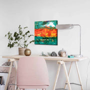 Quadro Decorativo em Tela 45x45cm - Pintura Multicolor com Moldura de Pinho Natural