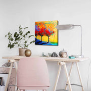 Quadro Decorativo em Tela 45x45cm - Pintura Multicolor com Moldura de Pinho Natural