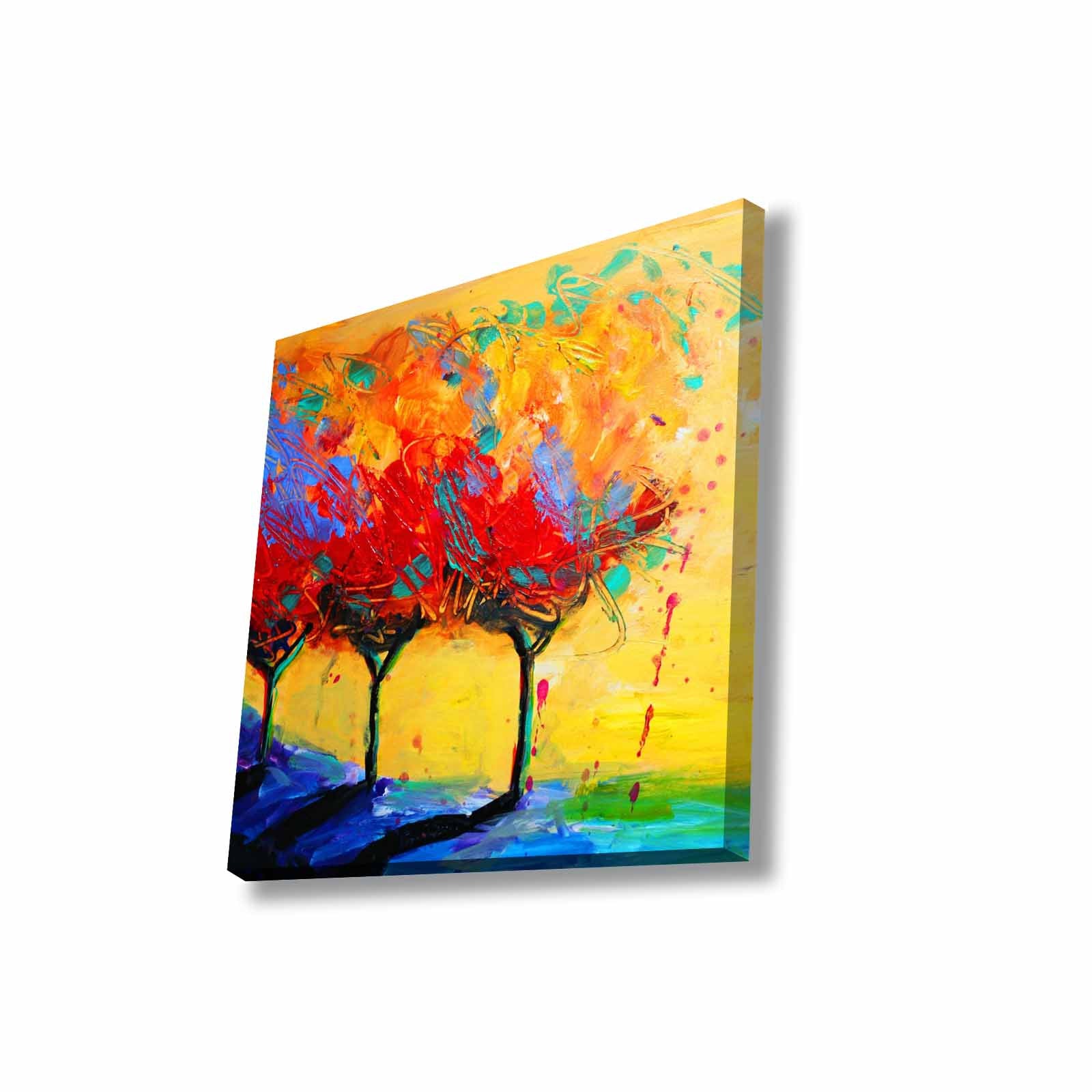 Quadro Decorativo em Tela 45x45cm - Pintura Multicolor com Moldura de Pinho Natural