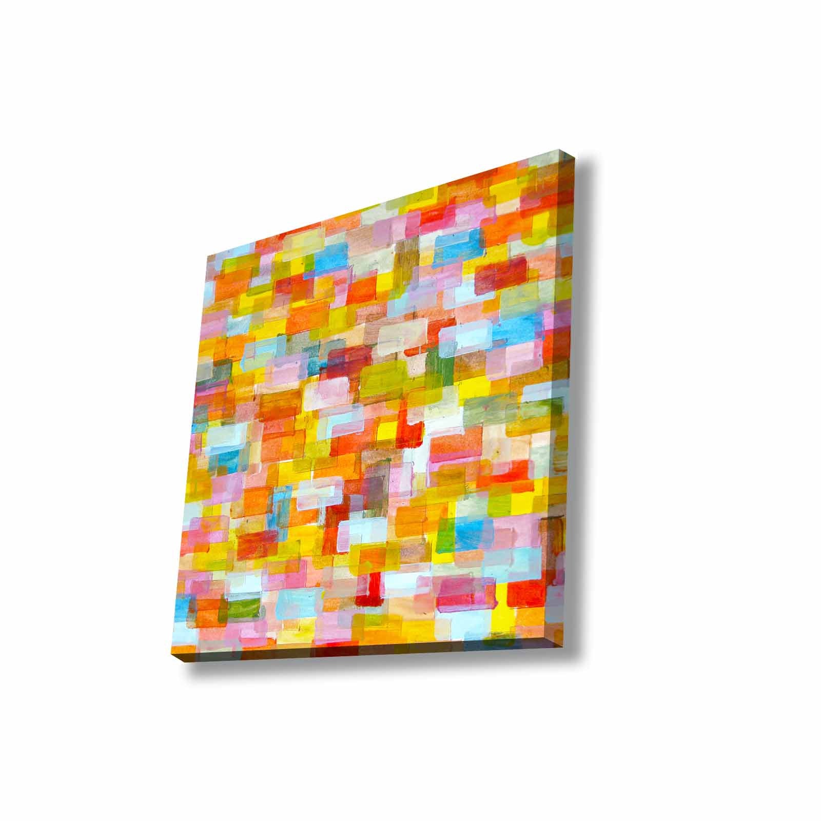 Quadro Decorativo em Tela 45x45cm - Pintura Multicolor com Moldura de Pinho Natural