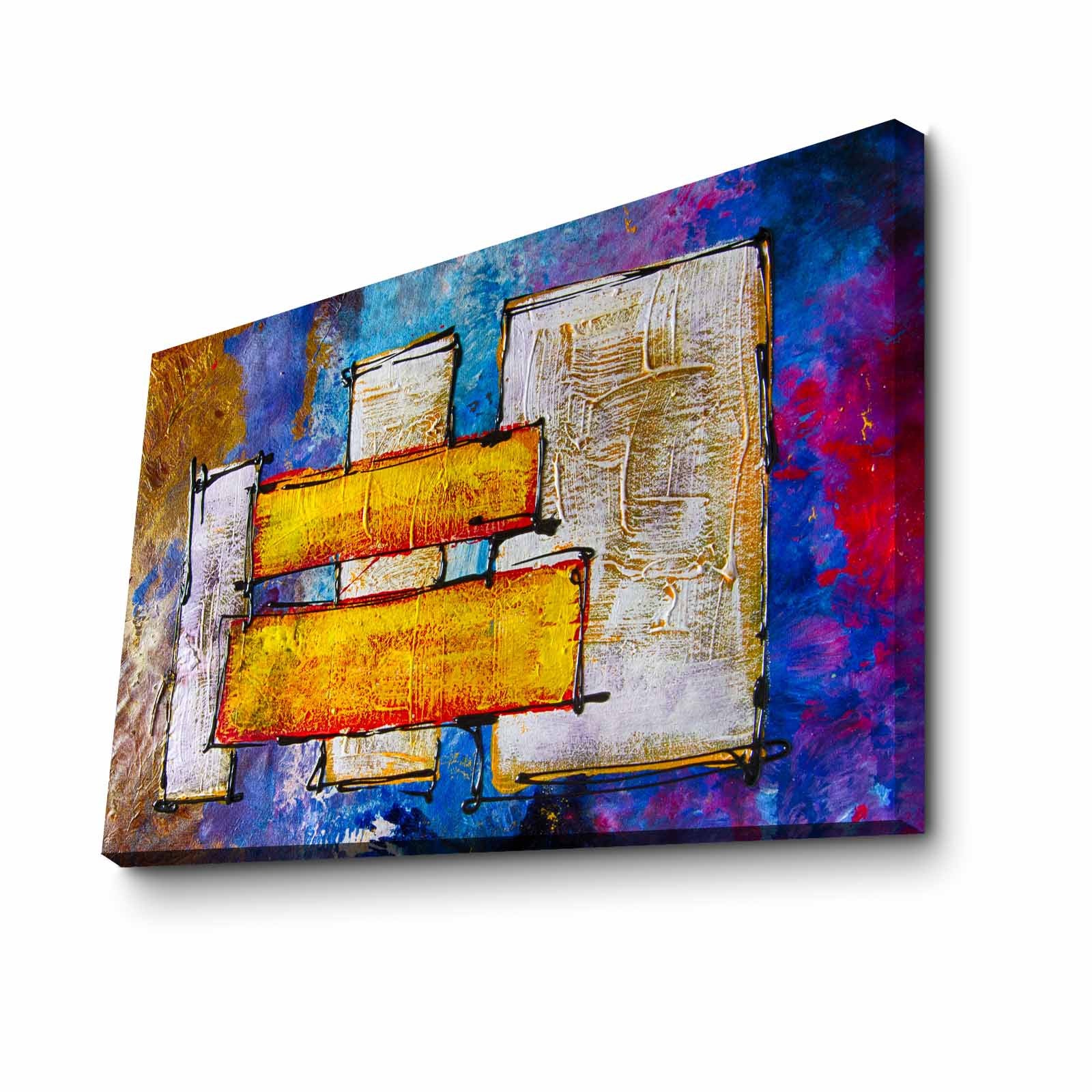 Quadro Decorativo em Tela 45x70cm - Pintura Multicolor com Moldura de Pinho Natural