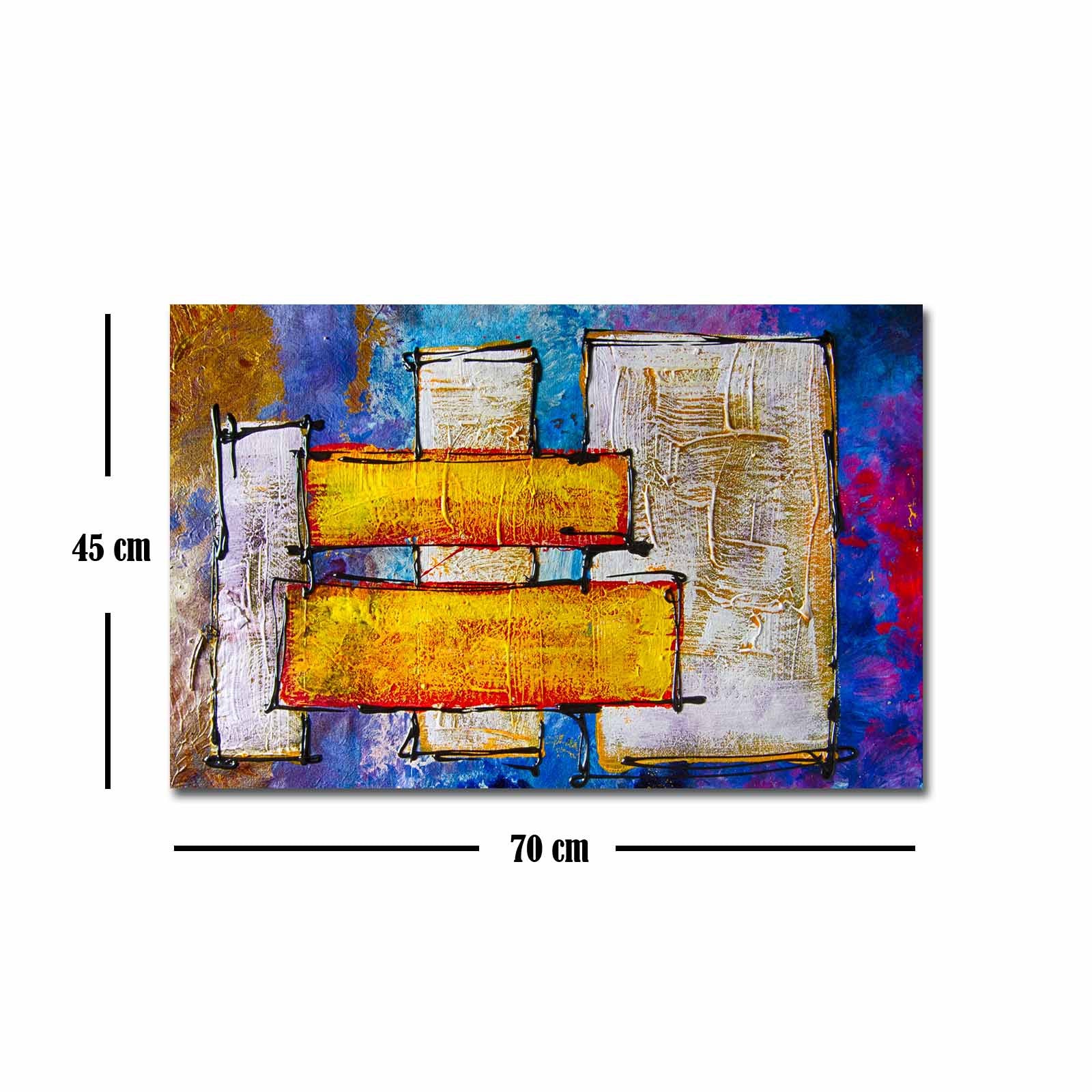 Quadro Decorativo em Tela 45x70cm - Pintura Multicolor com Moldura de Pinho Natural