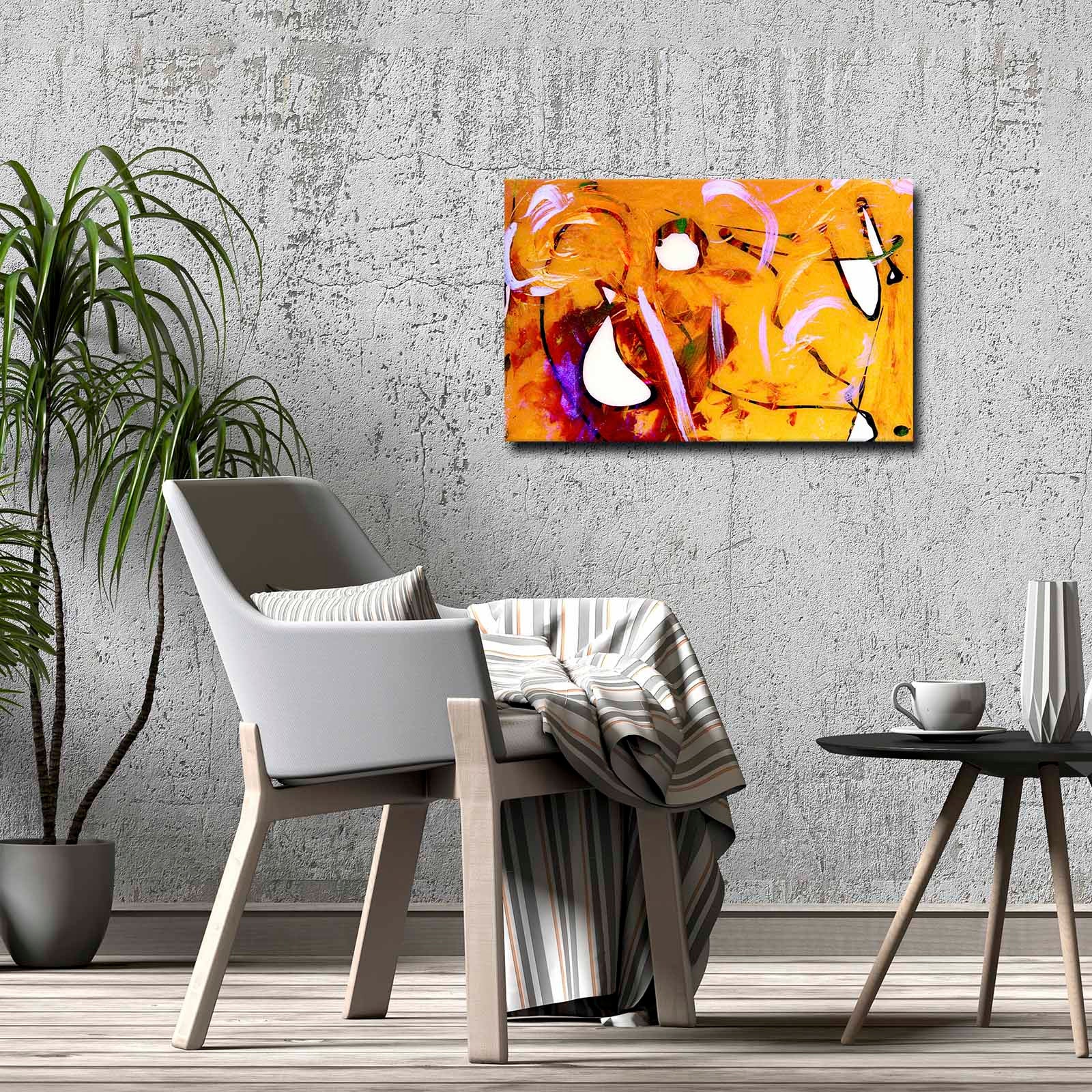 Quadro Decorativo em Tela 45x70cm - Pintura Multicolor com Moldura de Pinho Natural