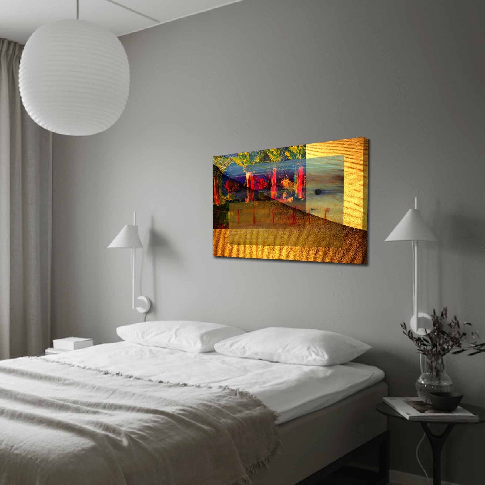 Quadro Decorativo em Tela 70x100cm - Moldura Pinho Maciço - Arte Multicolor para Decoração de Interiores