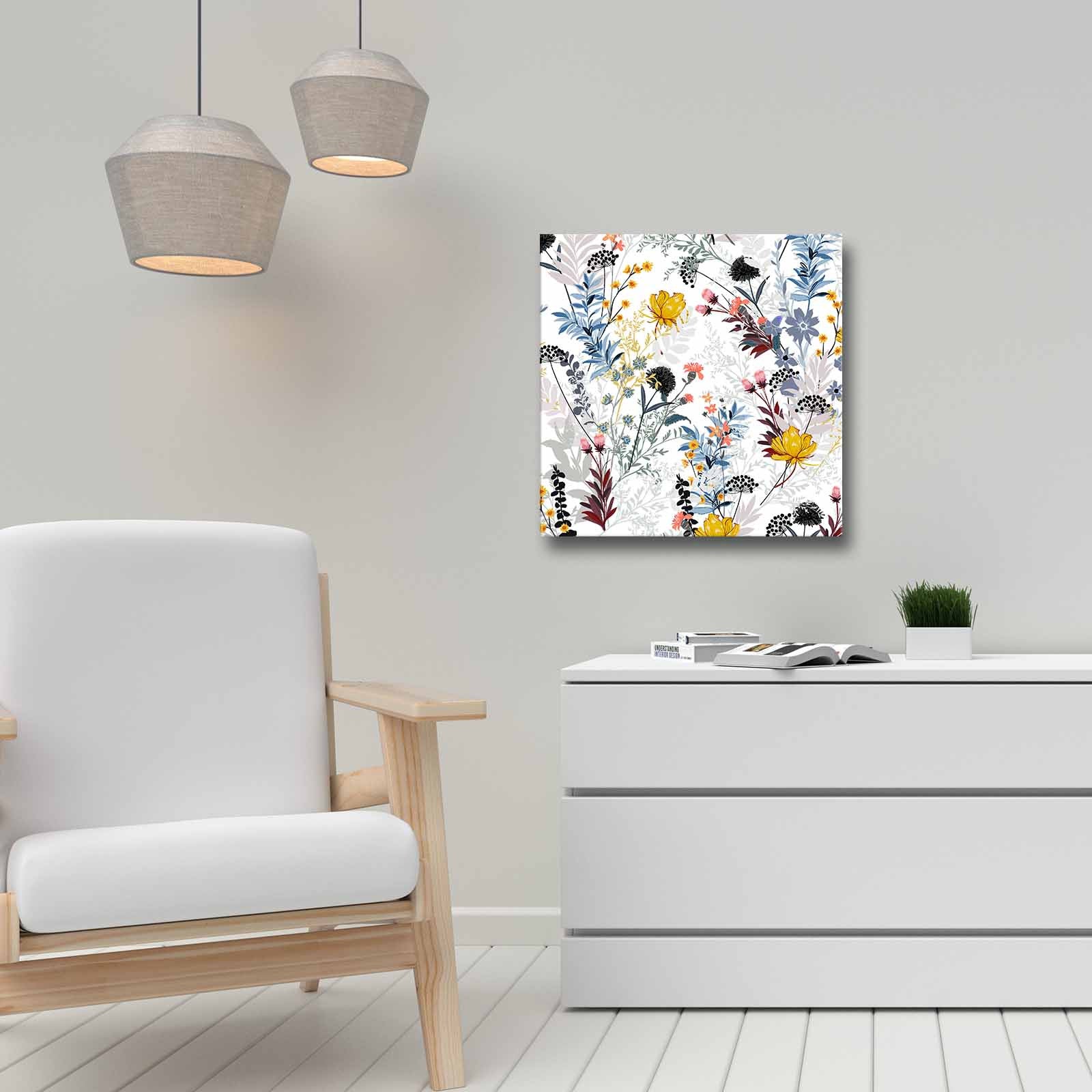 Quadro Decorativo em Tela 45x45cm - Pintura Multicolor com Moldura de Pinho Natural