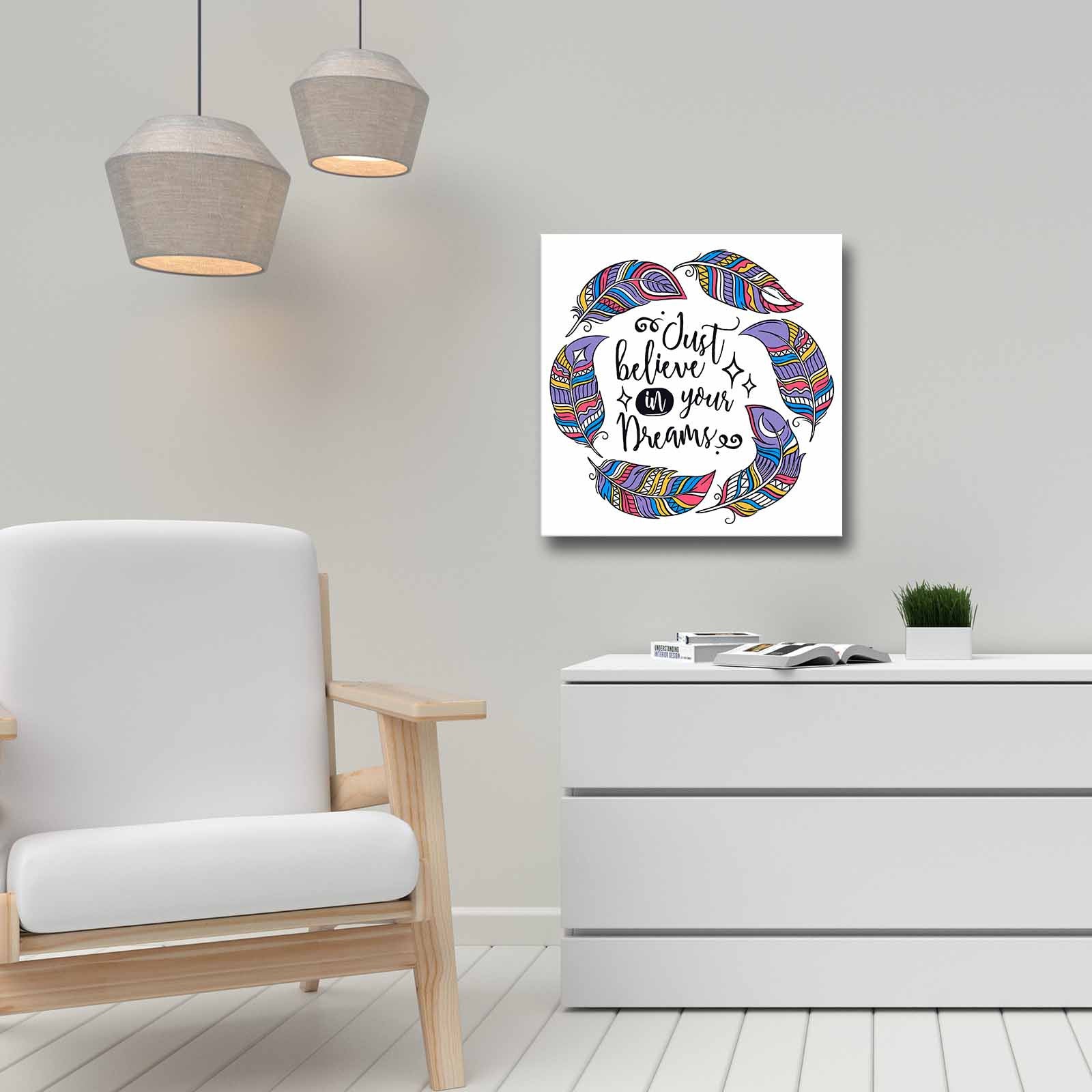 Quadro Decorativo em Tela 45x45cm - Pintura Multicolor com Moldura de Pinho Natural