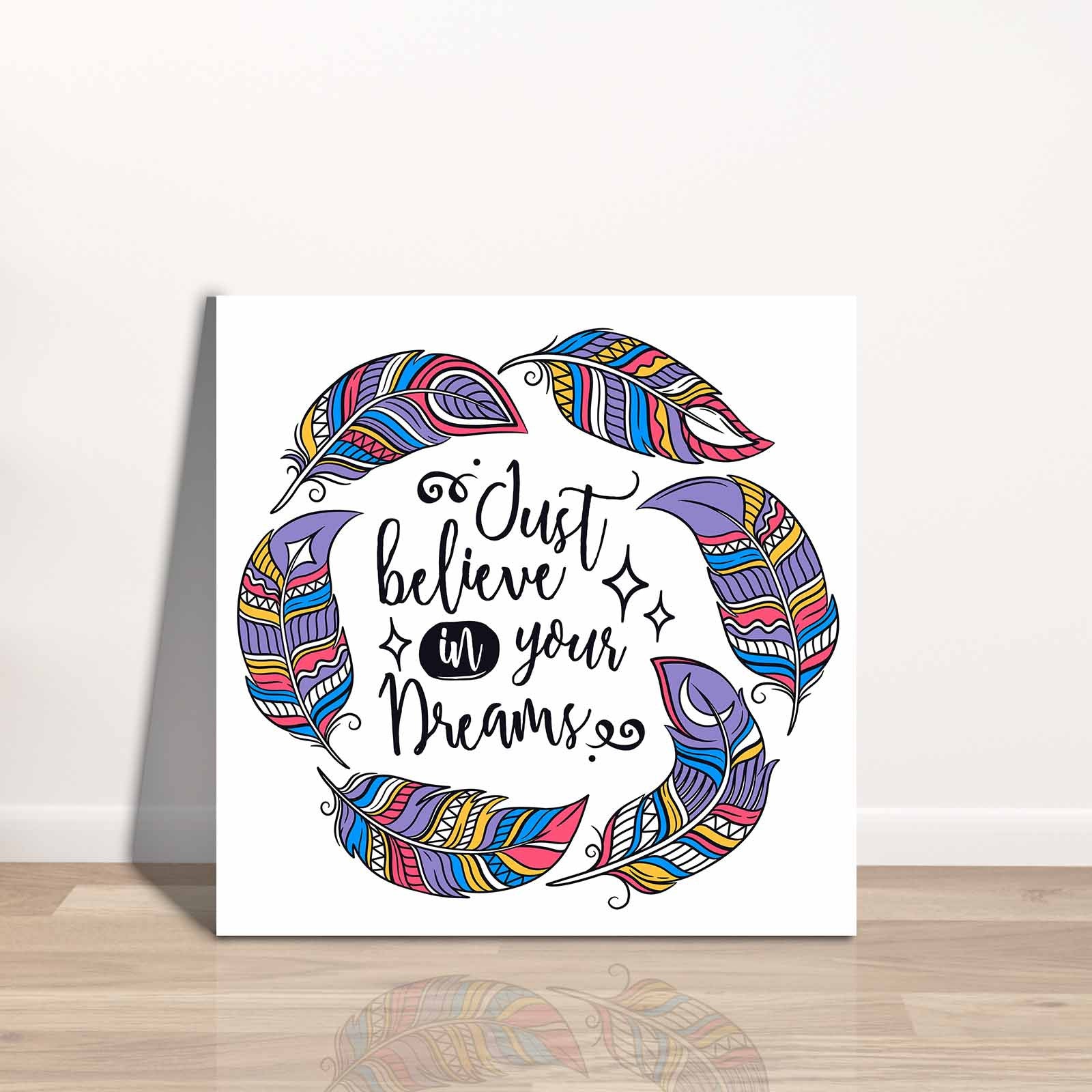 Quadro Decorativo em Tela 45x45cm - Pintura Multicolor com Moldura de Pinho Natural