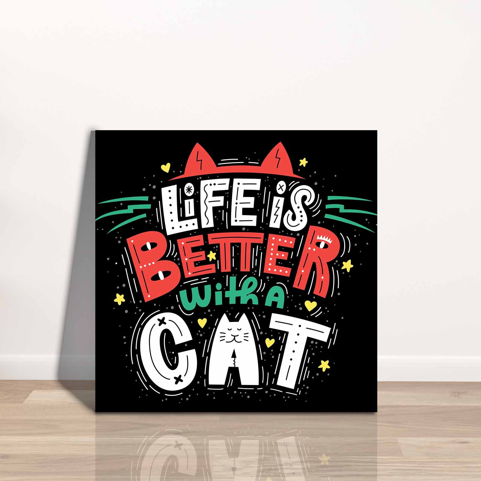 Quadro Decorativo em Tela 45x45cm - Pintura Multicolor com Moldura de Pinho Natural