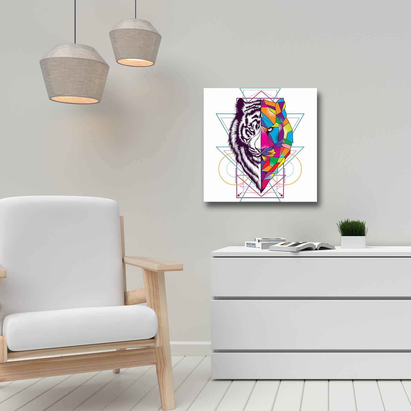 Quadro Decorativo em Tela 45x45cm - Pintura Multicolor com Moldura de Pinho Natural