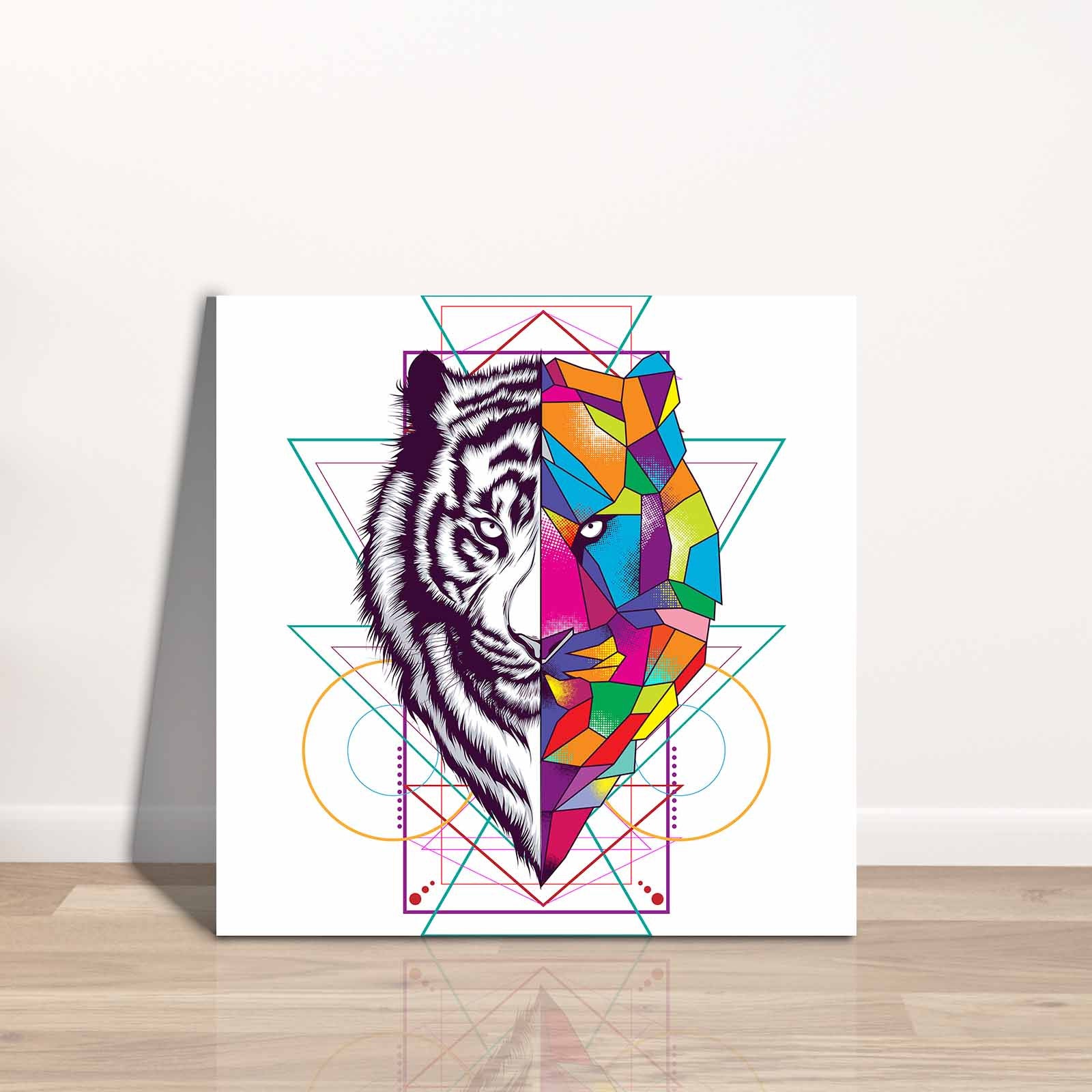 Quadro Decorativo em Tela 45x45cm - Pintura Multicolor com Moldura de Pinho Natural