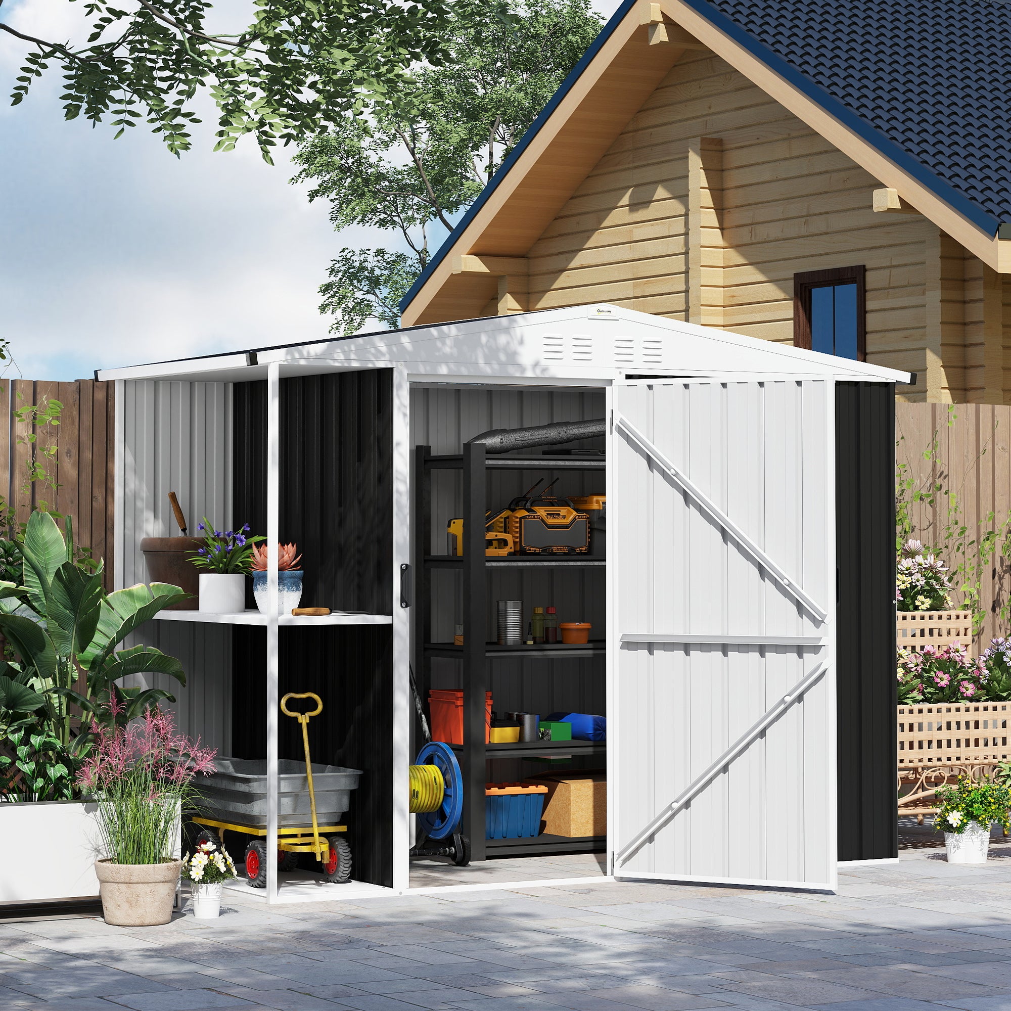 Abrigo de Jardim 2,7m² Cinza Escuro 245x117x180 cm com Prateleira e Ventilação
