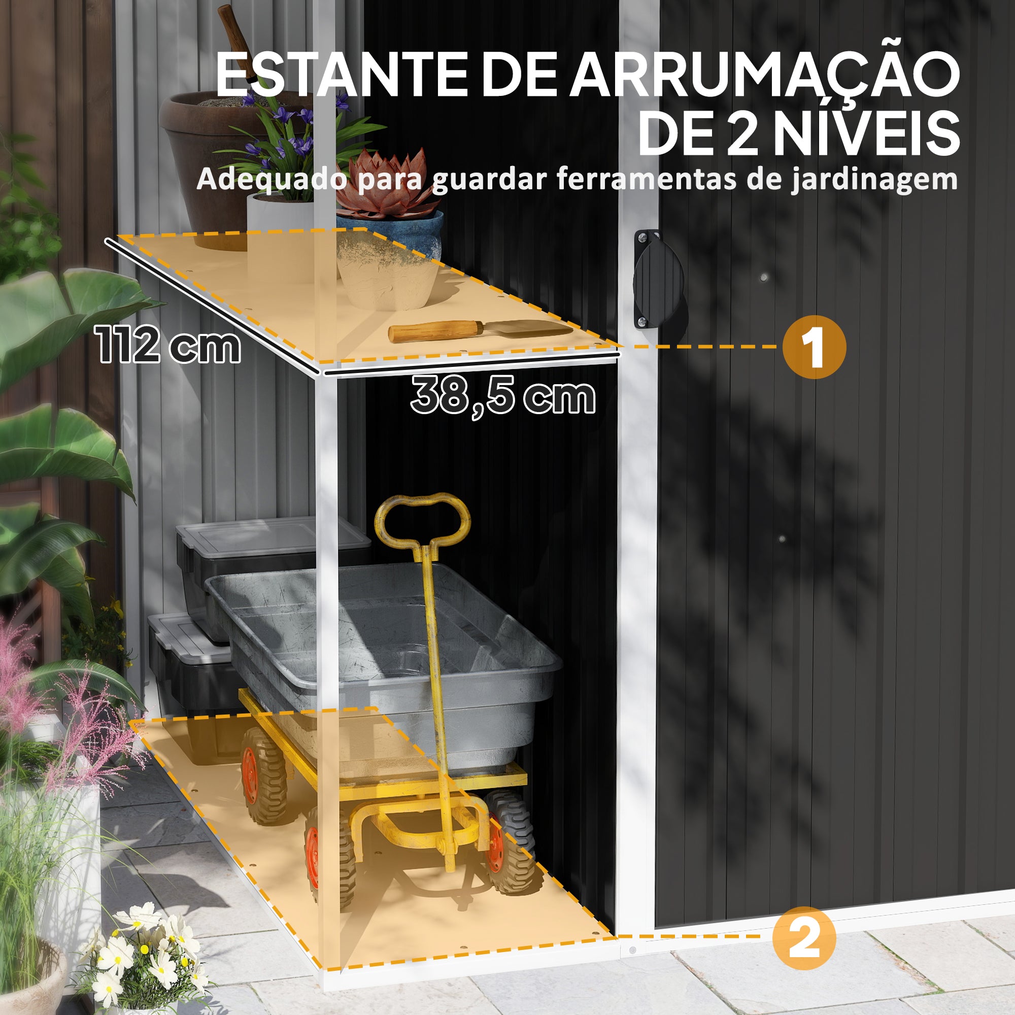 Abrigo de Jardim 2,7m² Cinza Escuro 245x117x180 cm com Prateleira e Ventilação