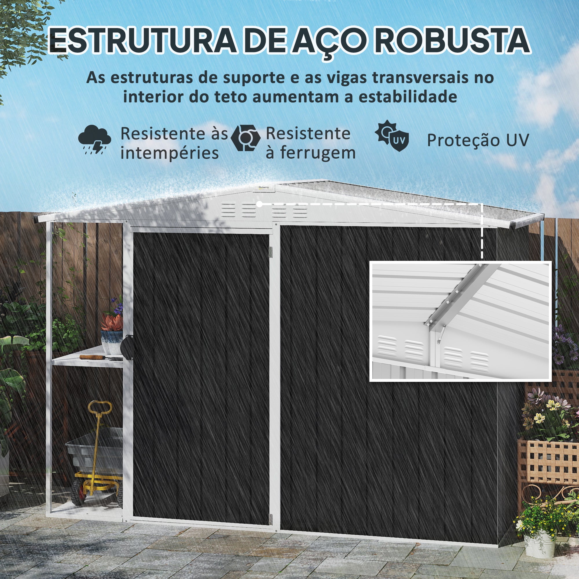 Abrigo de Jardim 2,7m² Cinza Escuro 245x117x180 cm com Prateleira e Ventilação