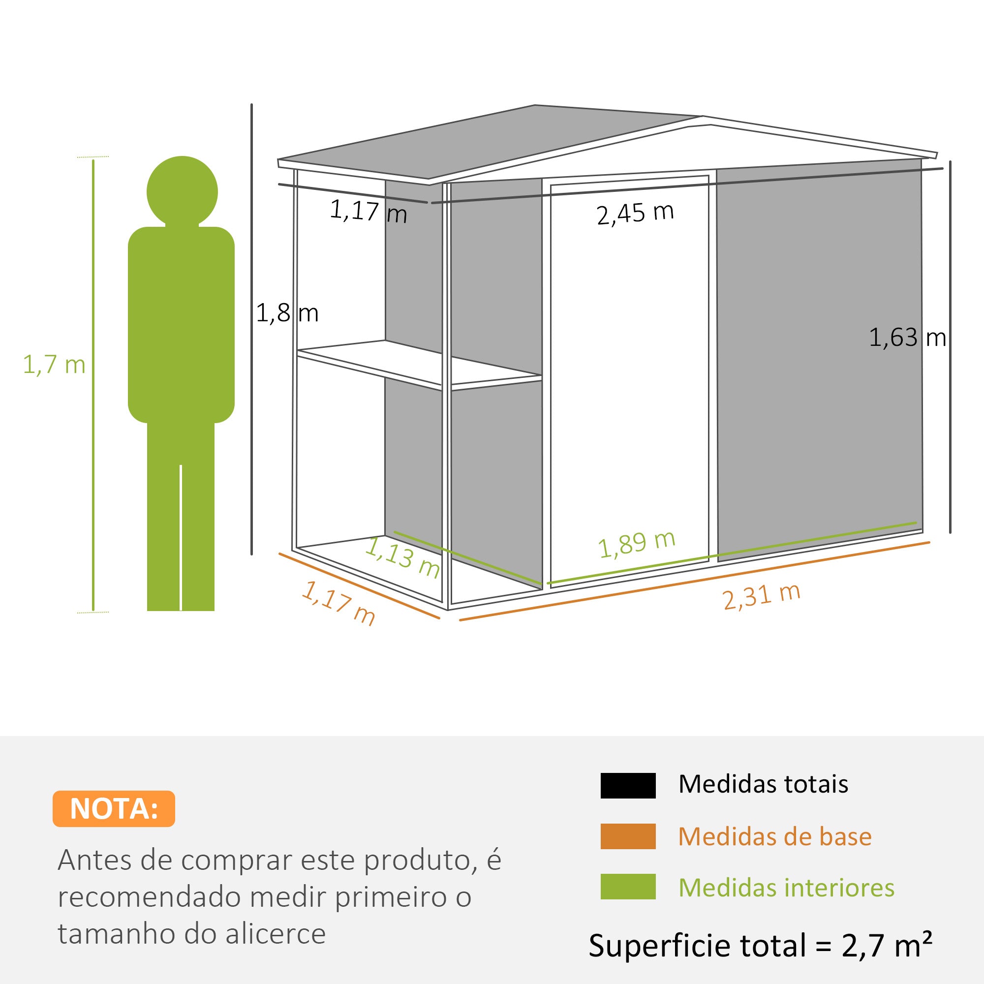 Abrigo de Jardim 2,7m² Cinza Escuro 245x117x180 cm com Prateleira e Ventilação