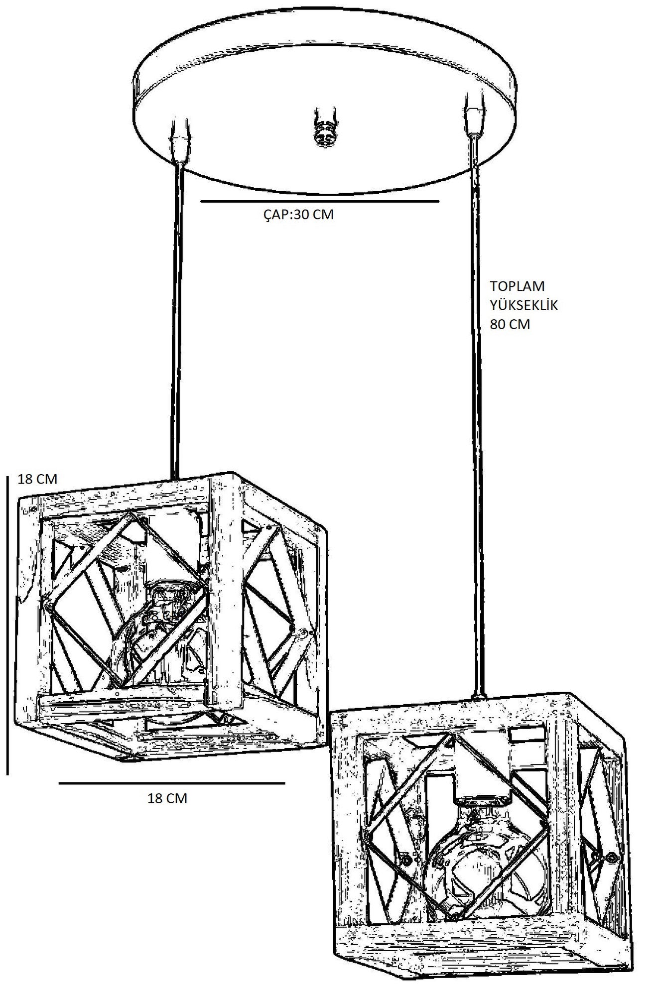 Candeeiro de Teto – 70 cm – Noz e Preto – Madeira e Metal