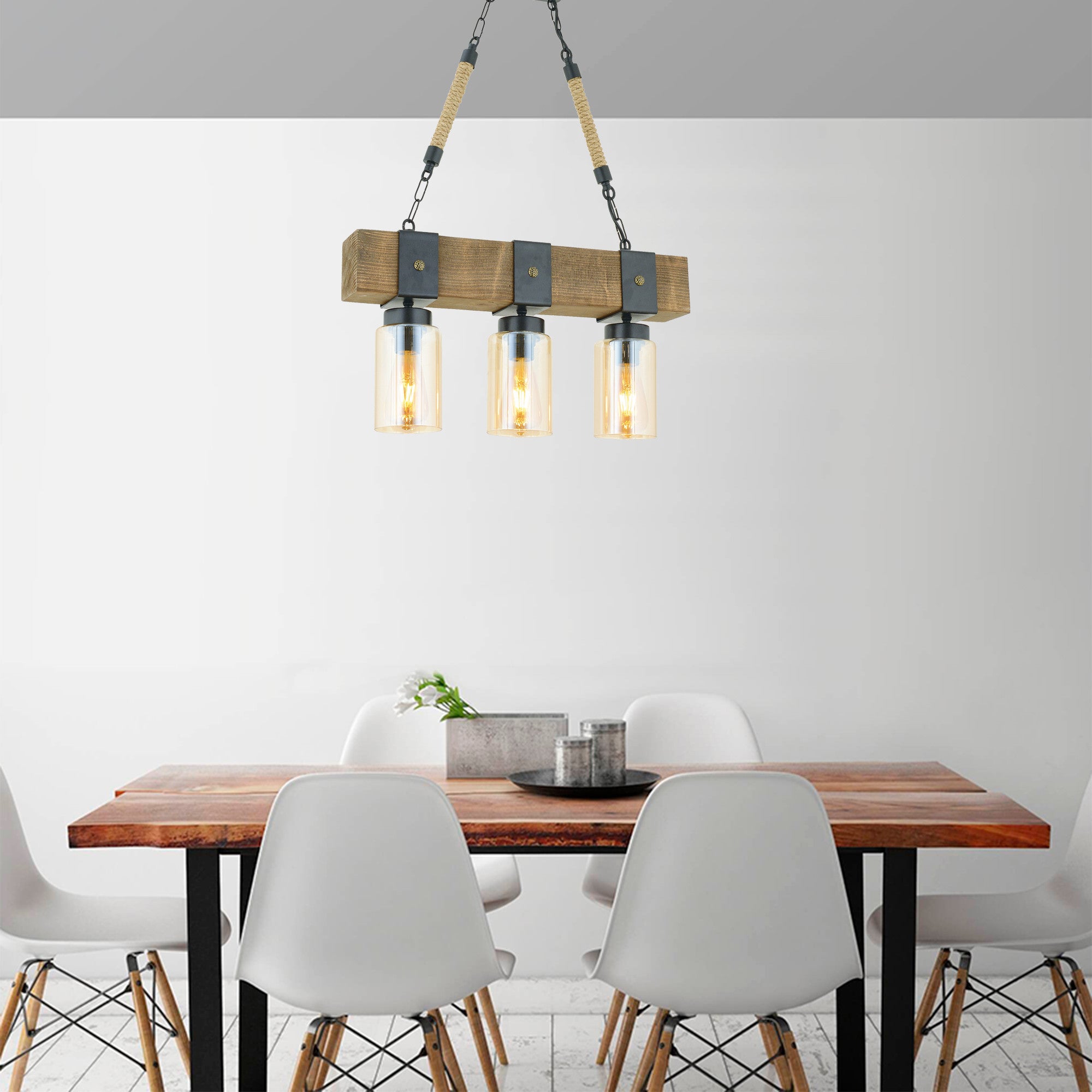 Candeeiro de Teto – 70 cm – Preto e Nogueira – Madeira e Metal