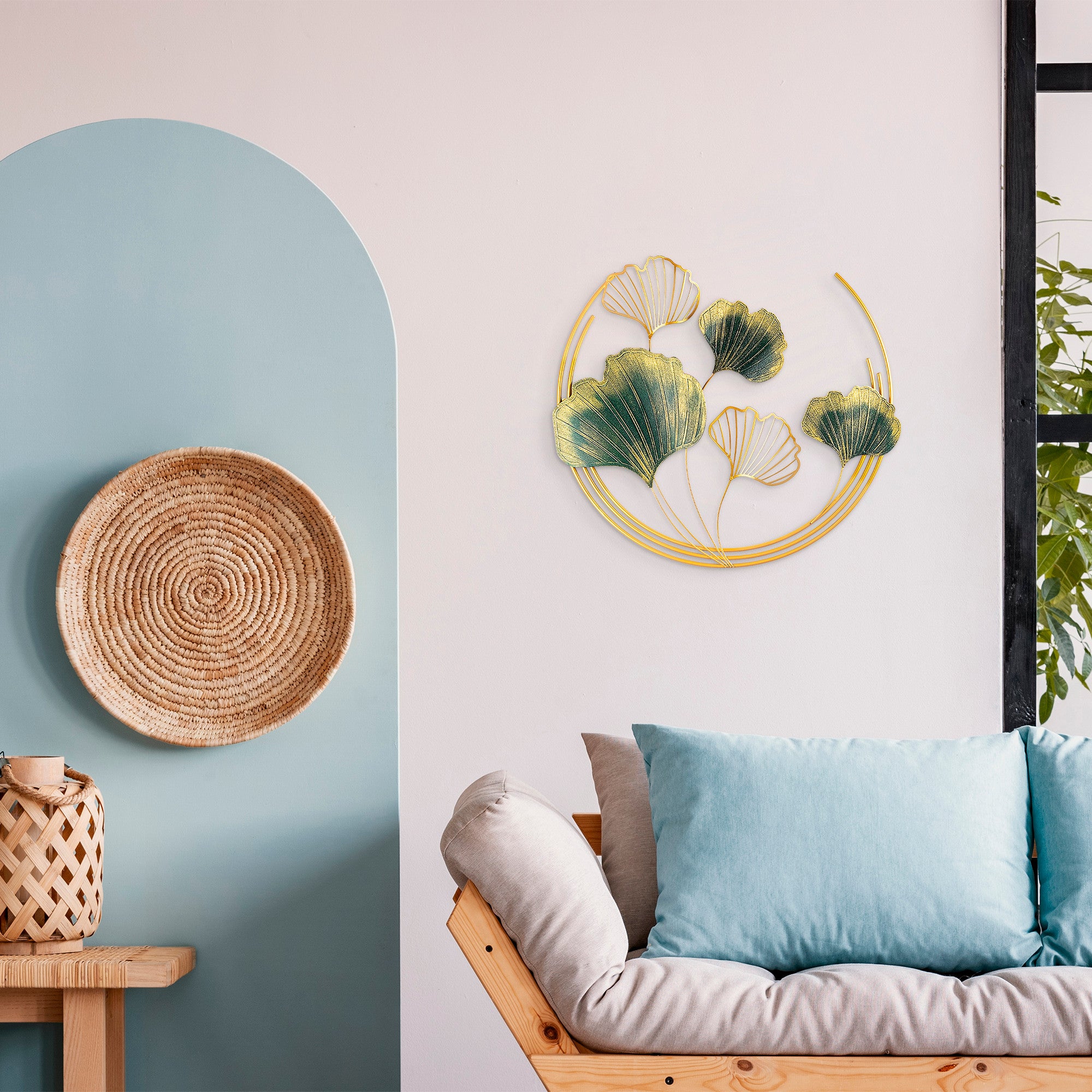 Acessório decorativo de parede em metal pintado à mão, 70 x 70 x 7 cm, verde e dourado | 100% metal, textura única | Perfeito para decoração de casa e paredes de destaque