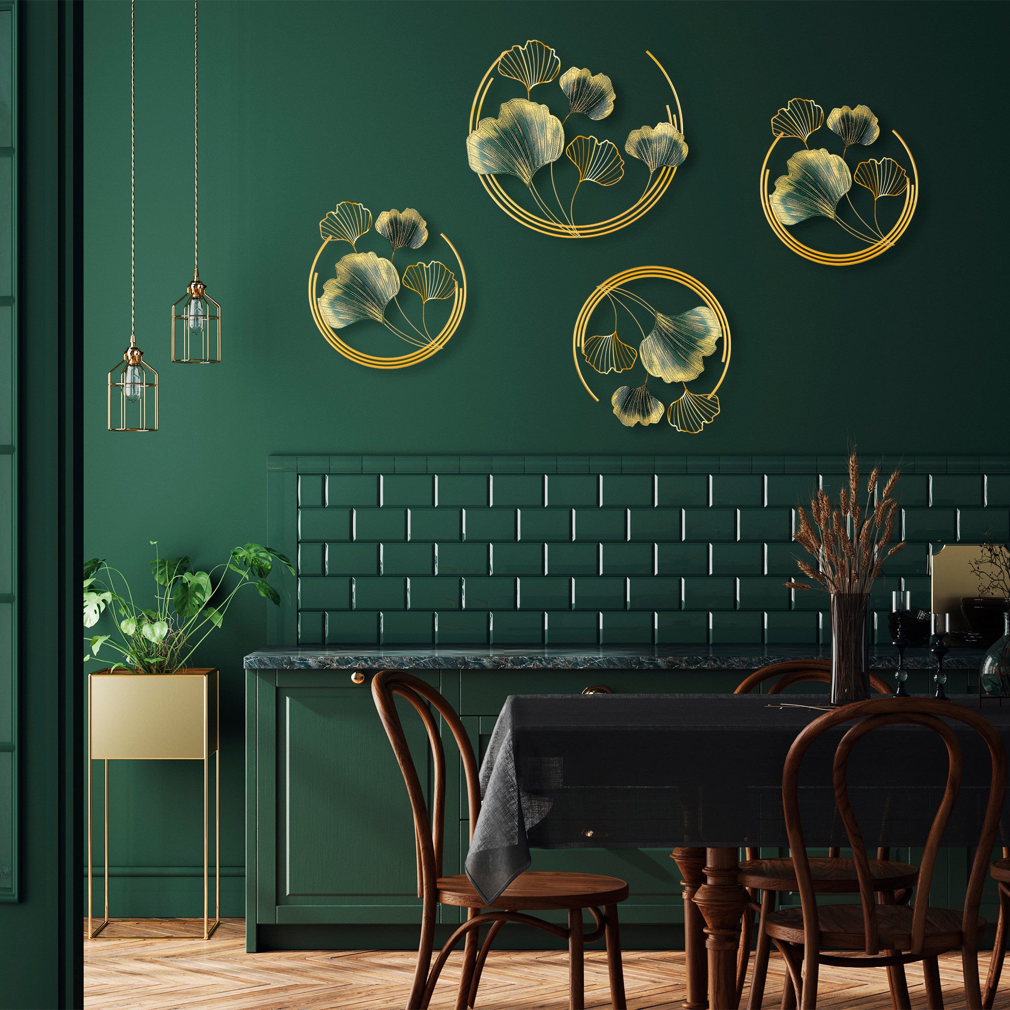 Acessório decorativo de parede em metal pintado à mão, 70 x 70 x 7 cm, verde e dourado | 100% metal, textura única | Perfeito para decoração de casa e paredes de destaque