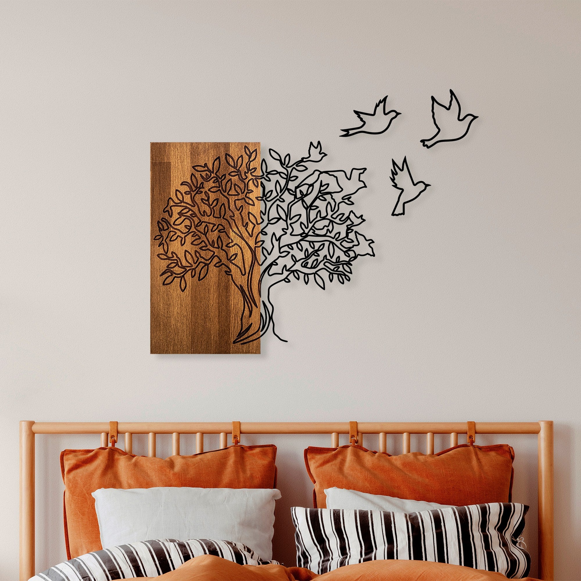 Elegante acessório decorativo de parede de madeira, nogueira e preto, 61 x 58 cm | 100% madeira (3 cm) e metal (1,5 mm) | Fácil montagem na parede, decoração elegante para casa