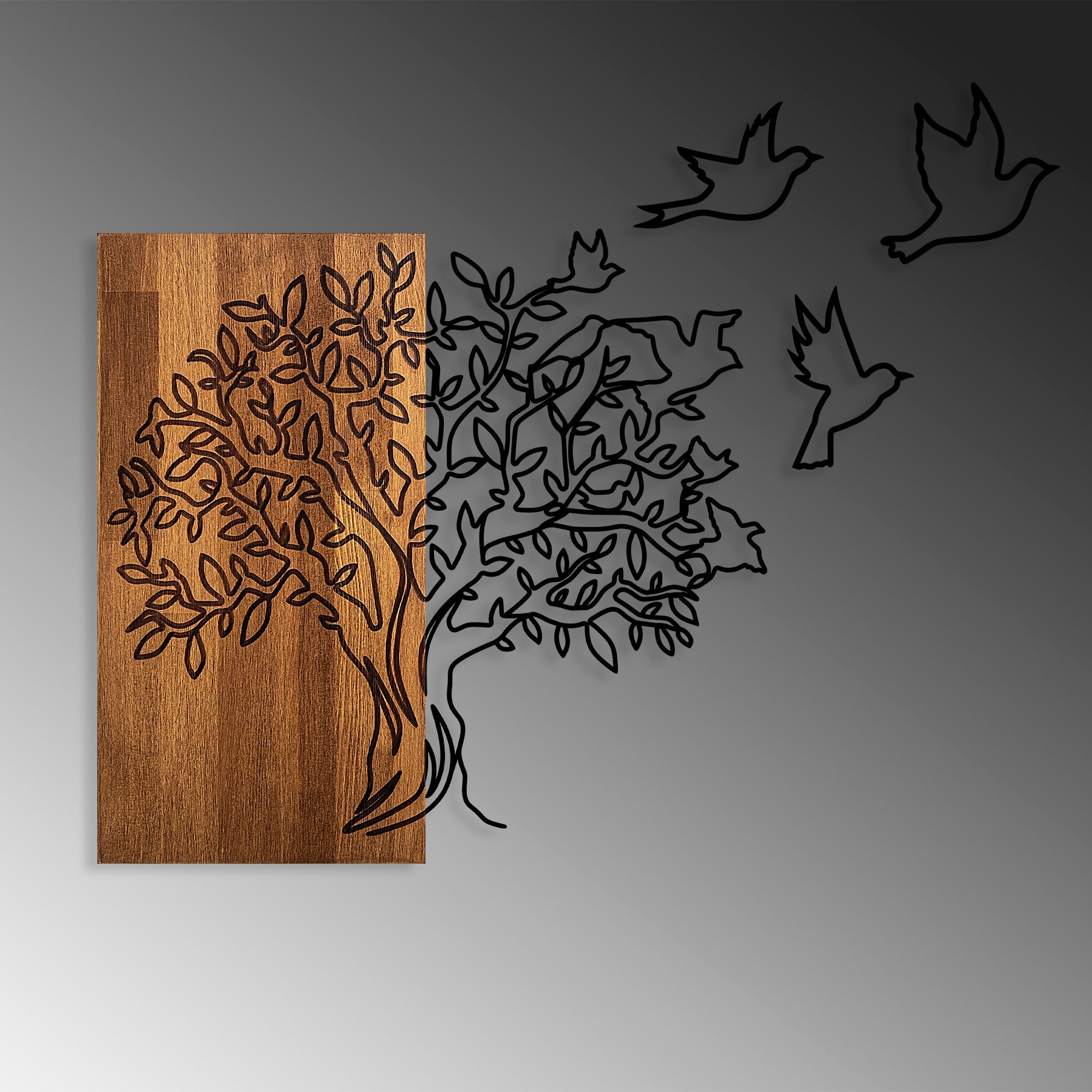Elegante acessório decorativo de parede de madeira, nogueira e preto, 61 x 58 cm | 100% madeira (3 cm) e metal (1,5 mm) | Fácil montagem na parede, decoração elegante para casa