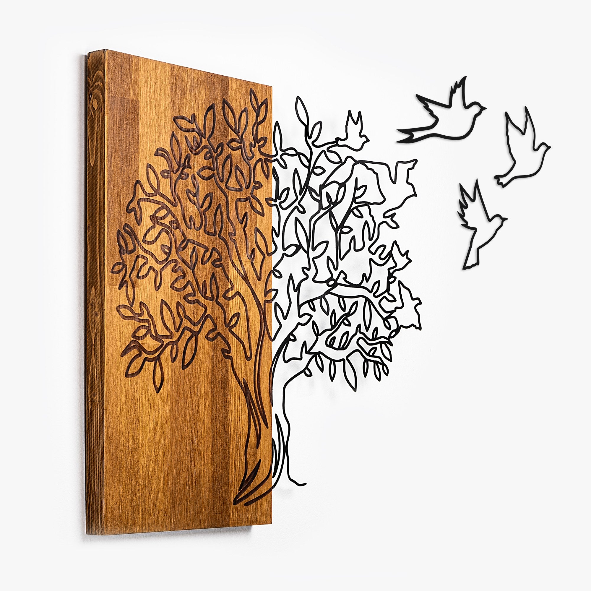 Elegante acessório decorativo de parede de madeira, nogueira e preto, 61 x 58 cm | 100% madeira (3 cm) e metal (1,5 mm) | Fácil montagem na parede, decoração elegante para casa