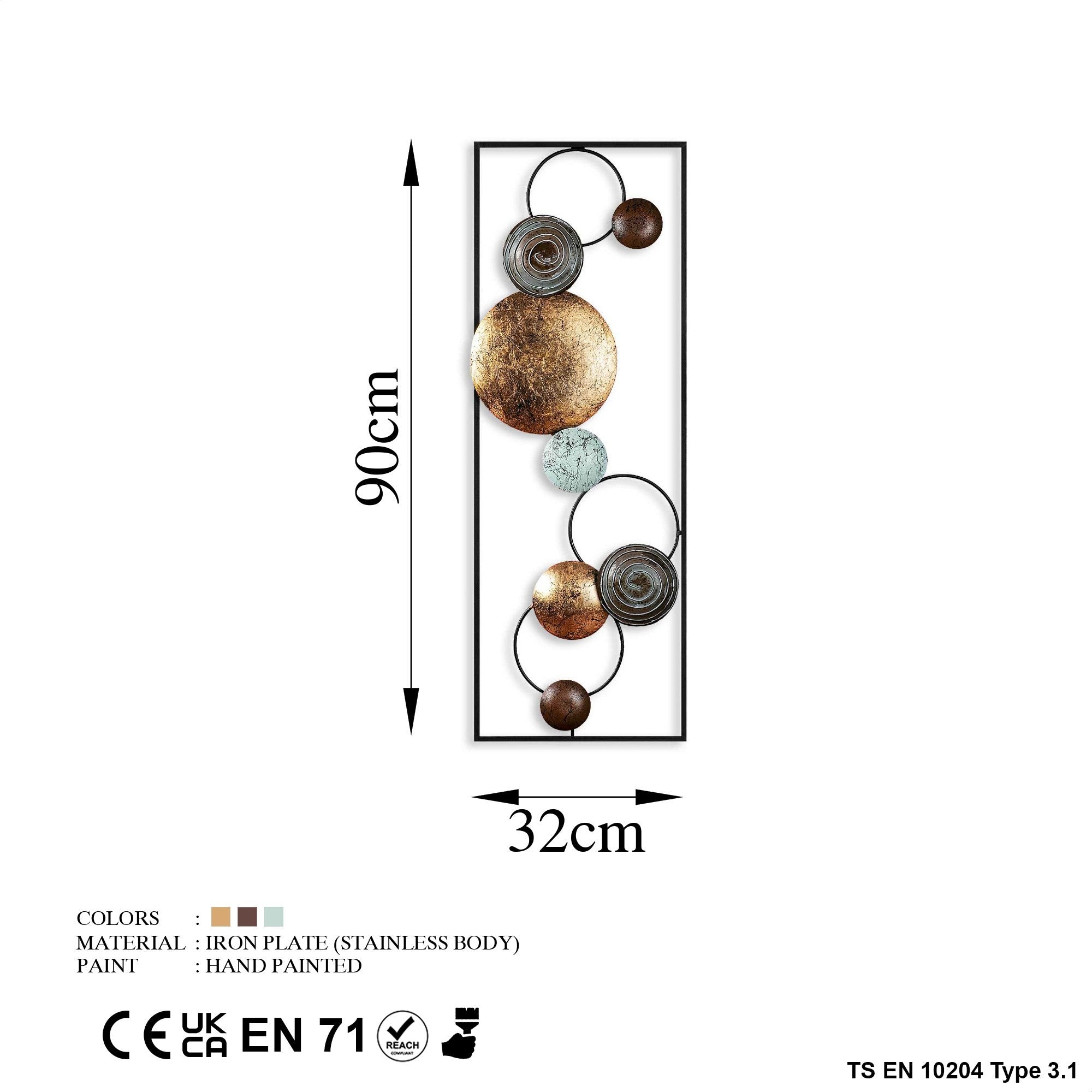 Acessório de parede decorativo de metal pintado à mão, 32 x 90 x 4 cm | 100% metal, variações de cores exclusivas | Perfeito para decoração de casa e exibição de arte