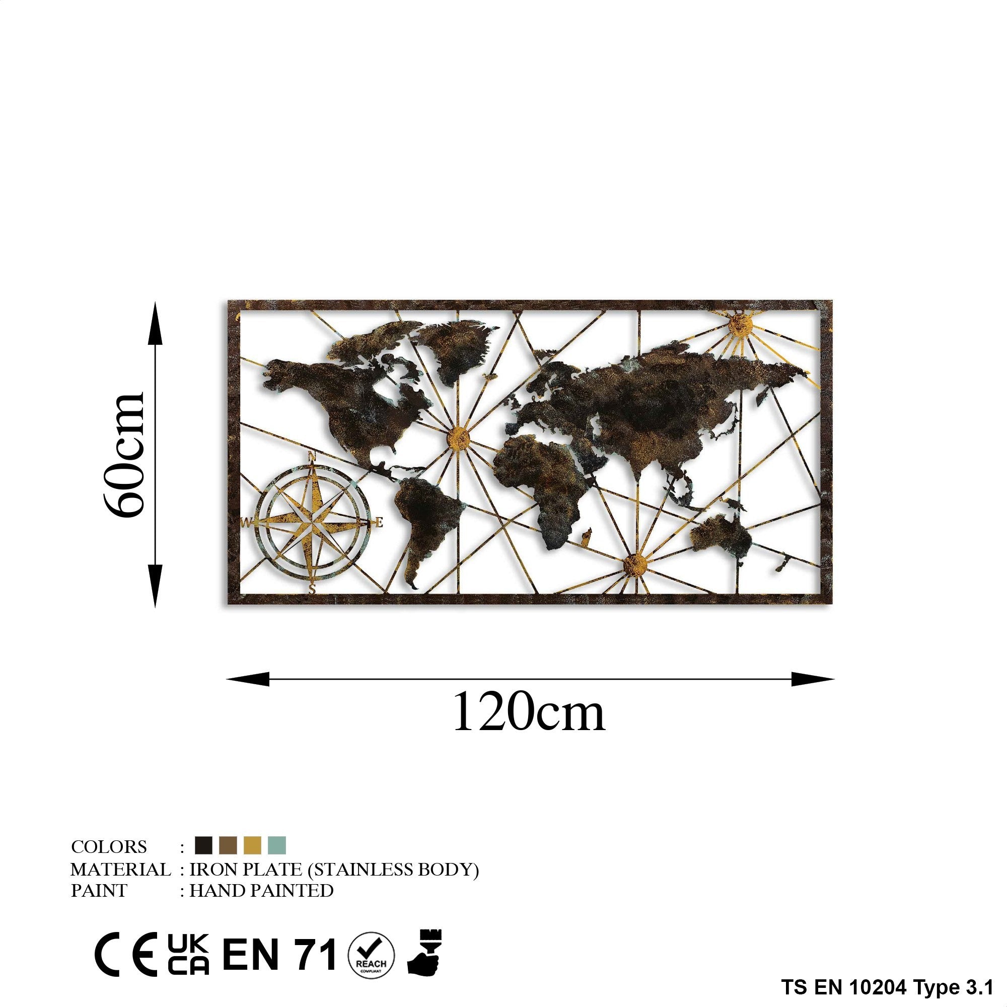 Acessório decorativo de parede em metal pintado à mão, 120 cm x 60 cm, 100% metal (1,5 mm) | Variações de cores exclusivas | Perfeito para decoração de casa e exibição de arte