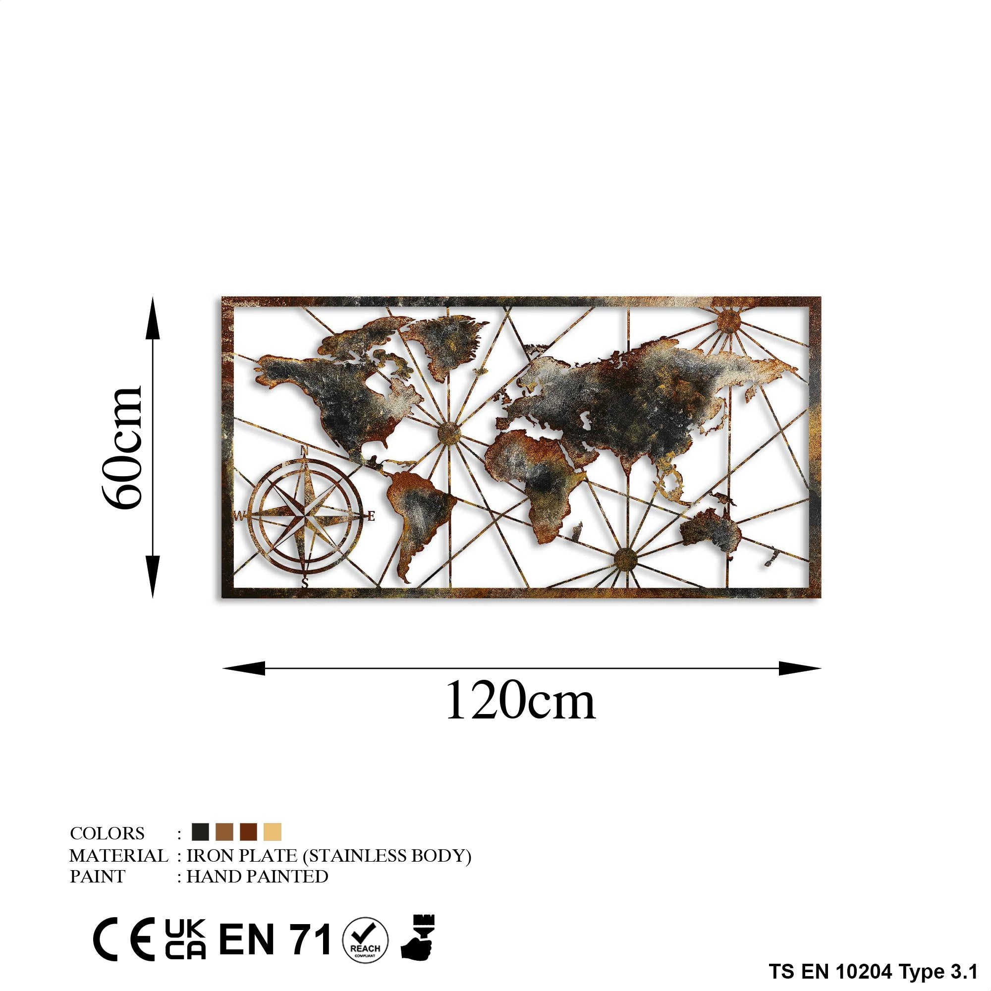 Acessório decorativo de parede em metal pintado à mão, 120 cm x 60 cm, 100% metal (1,5 mm) | Variações de cores exclusivas | Perfeito para decoração de casa e exibição de arte