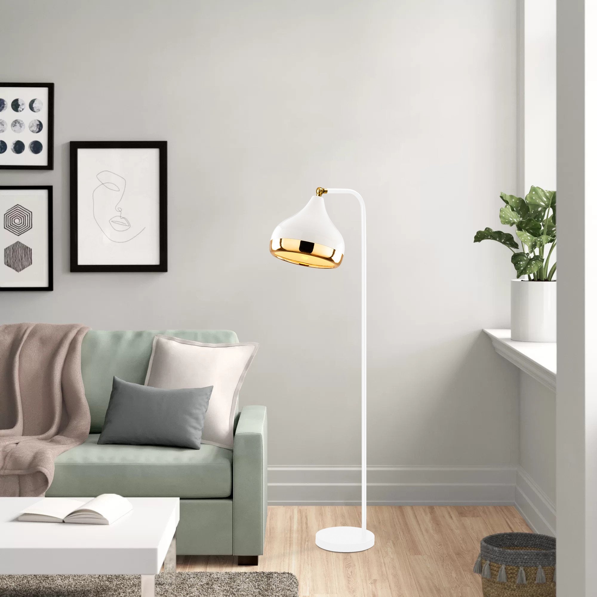 Candeeiro de Pé Escandinavo, Branca e Dourada, 120 cm de Altura | Corpo em Metal, Soquete E27, 40 W Máx. | Iluminação Elegante e Funcional para Espaços Modernos