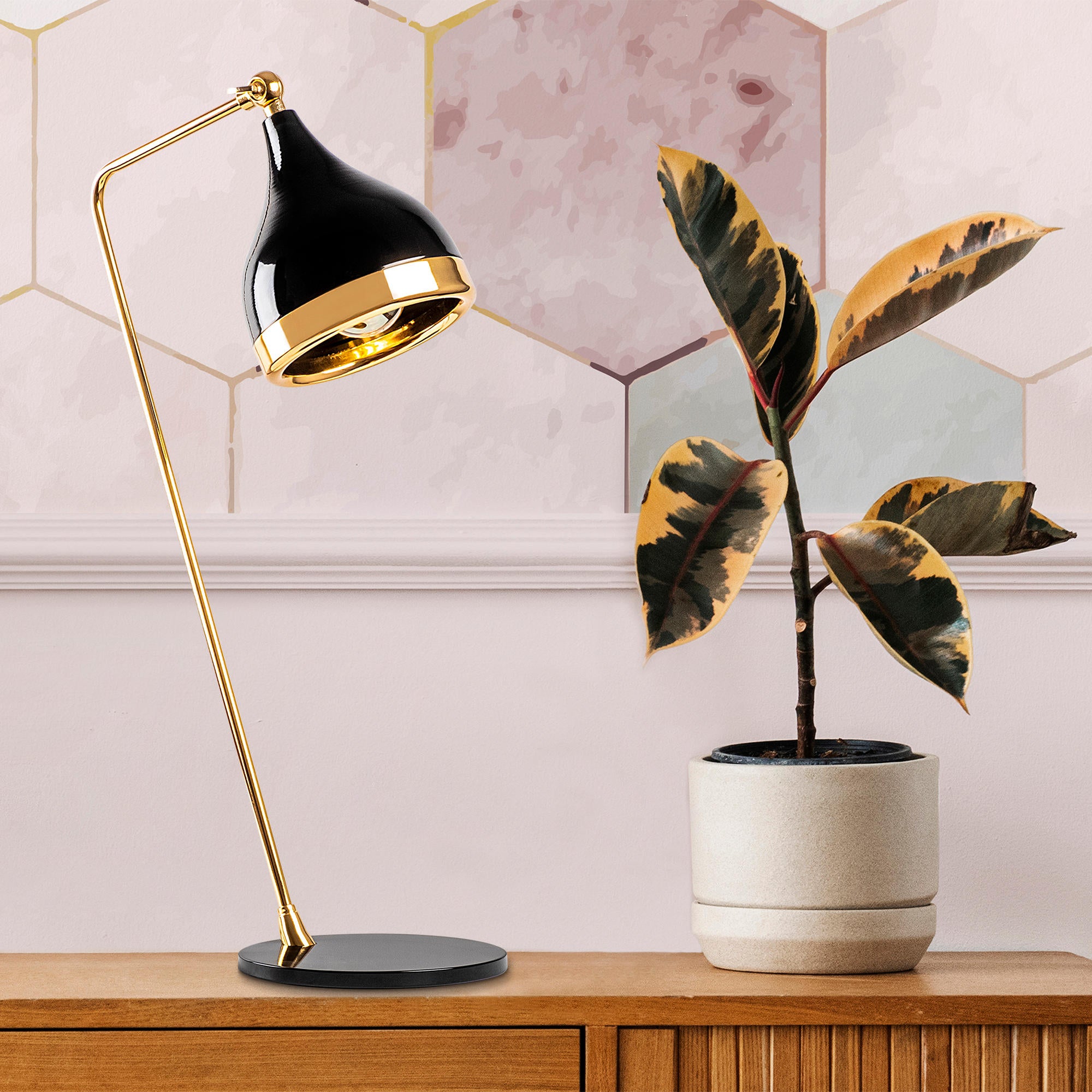Candeeiro de Mesa Moderna, Preta e Dourada, 30 x 30 x 60 cm | Corpo em Metal, Soquete E27, 40 W Máx., Cabo de 200 cm | Design Elegante, Glamouroso e Escandinavo para Decoração de Casa