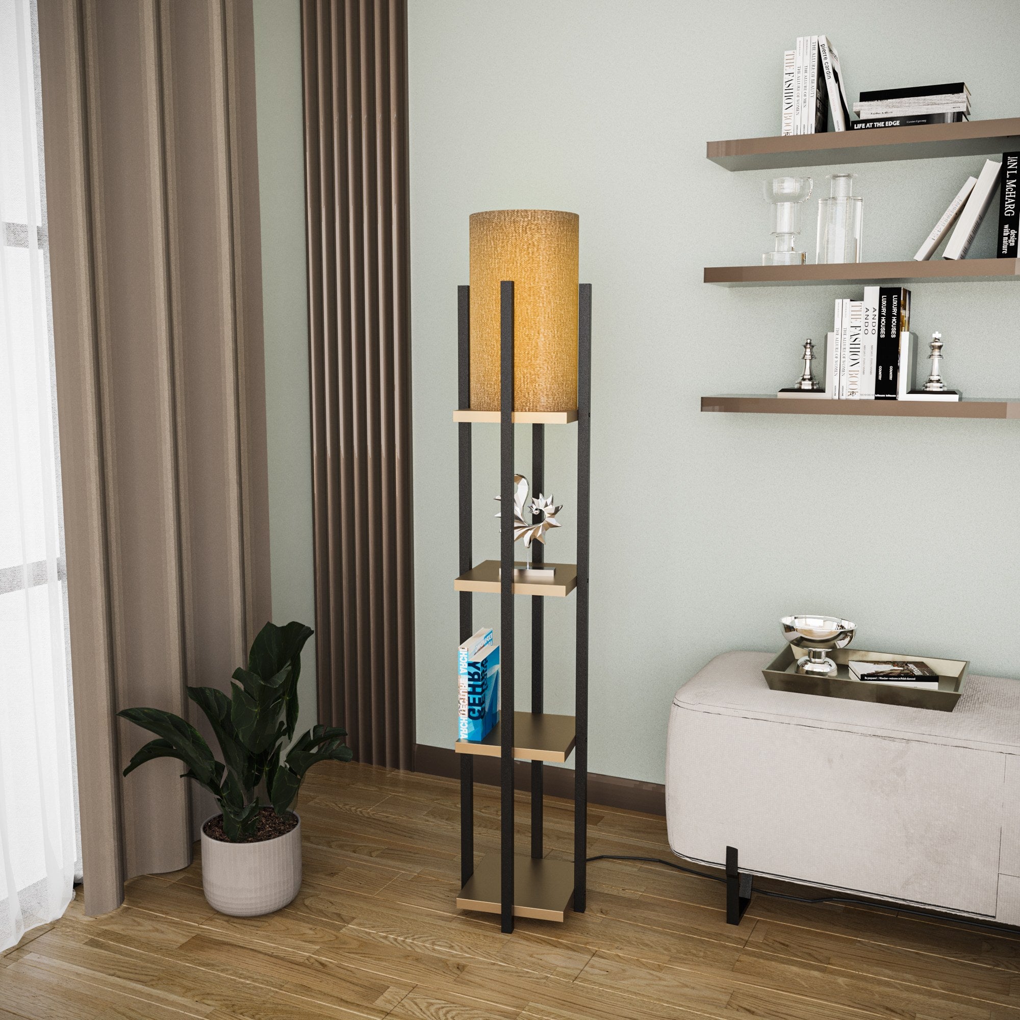 Candeeiro de Pé Elegante com Corpo em Metal, Preta e Dourada, 130 cm de Altura | Soquete E27, 40 W Máx., Cabo de 200 cm | Iluminação Elegante para Decoração Moderna