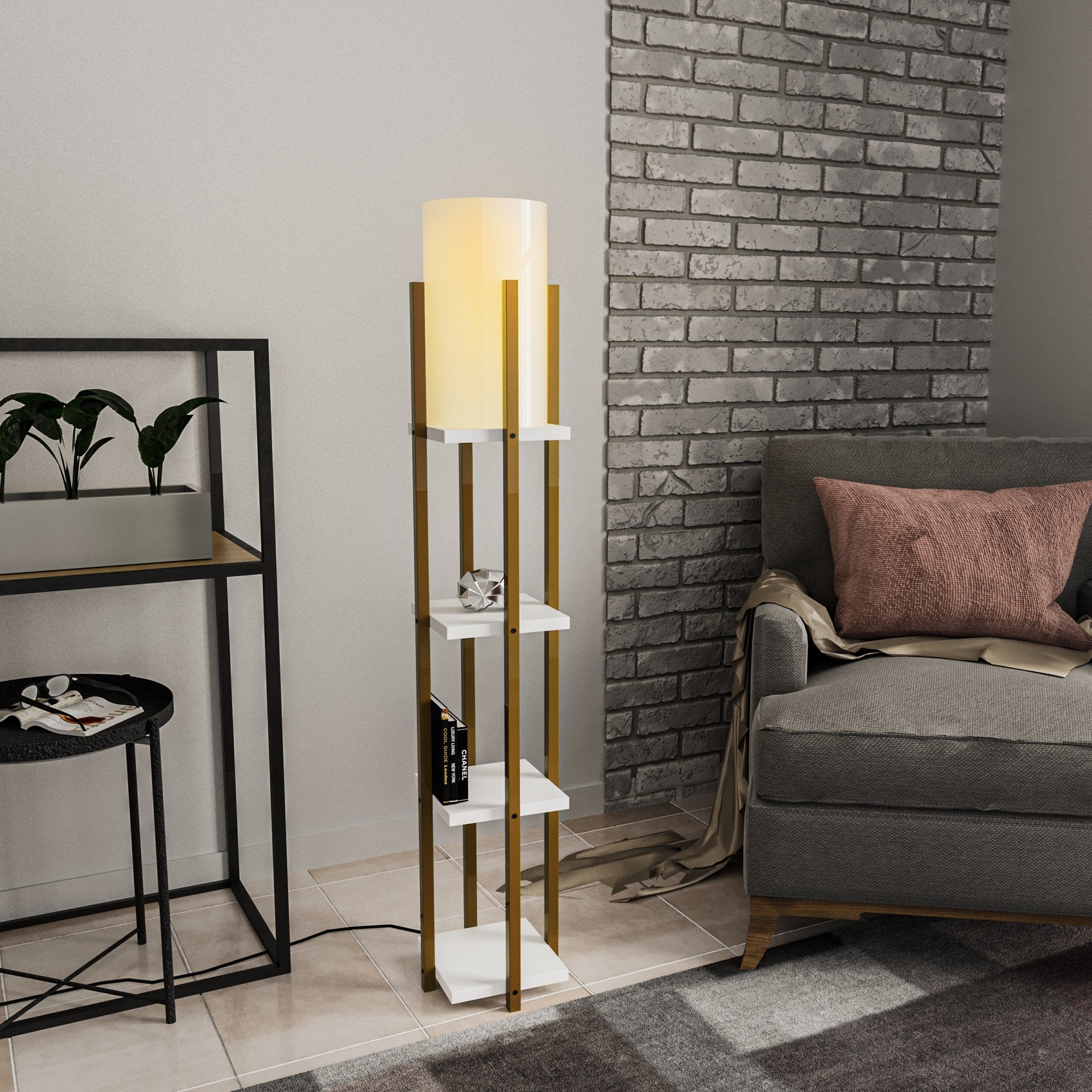 Candeeiro de Pé – 130 cm de Altura – Dourado e Branco – Metal