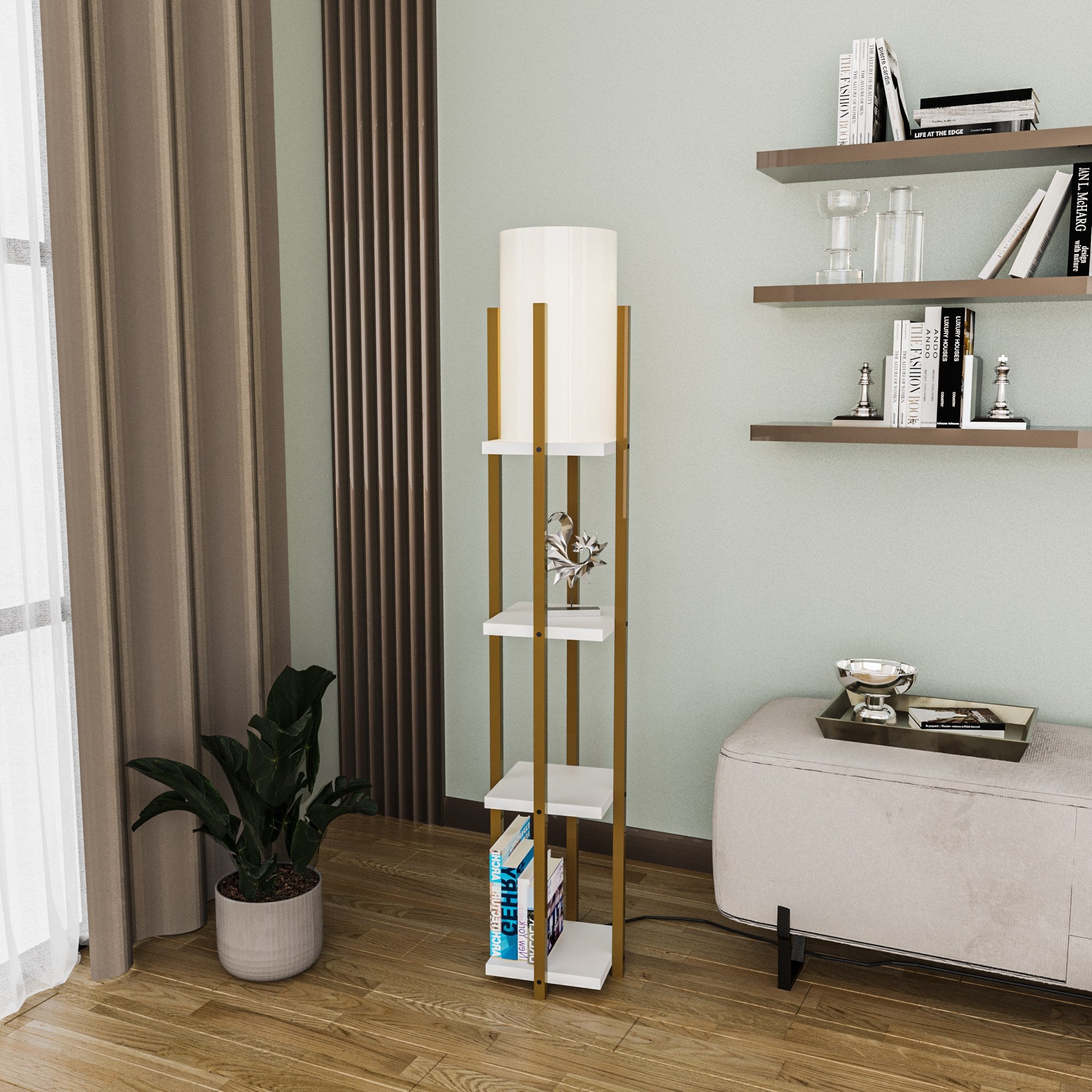 Candeeiro de Pé – 130 cm de Altura – Dourado e Branco – Metal
