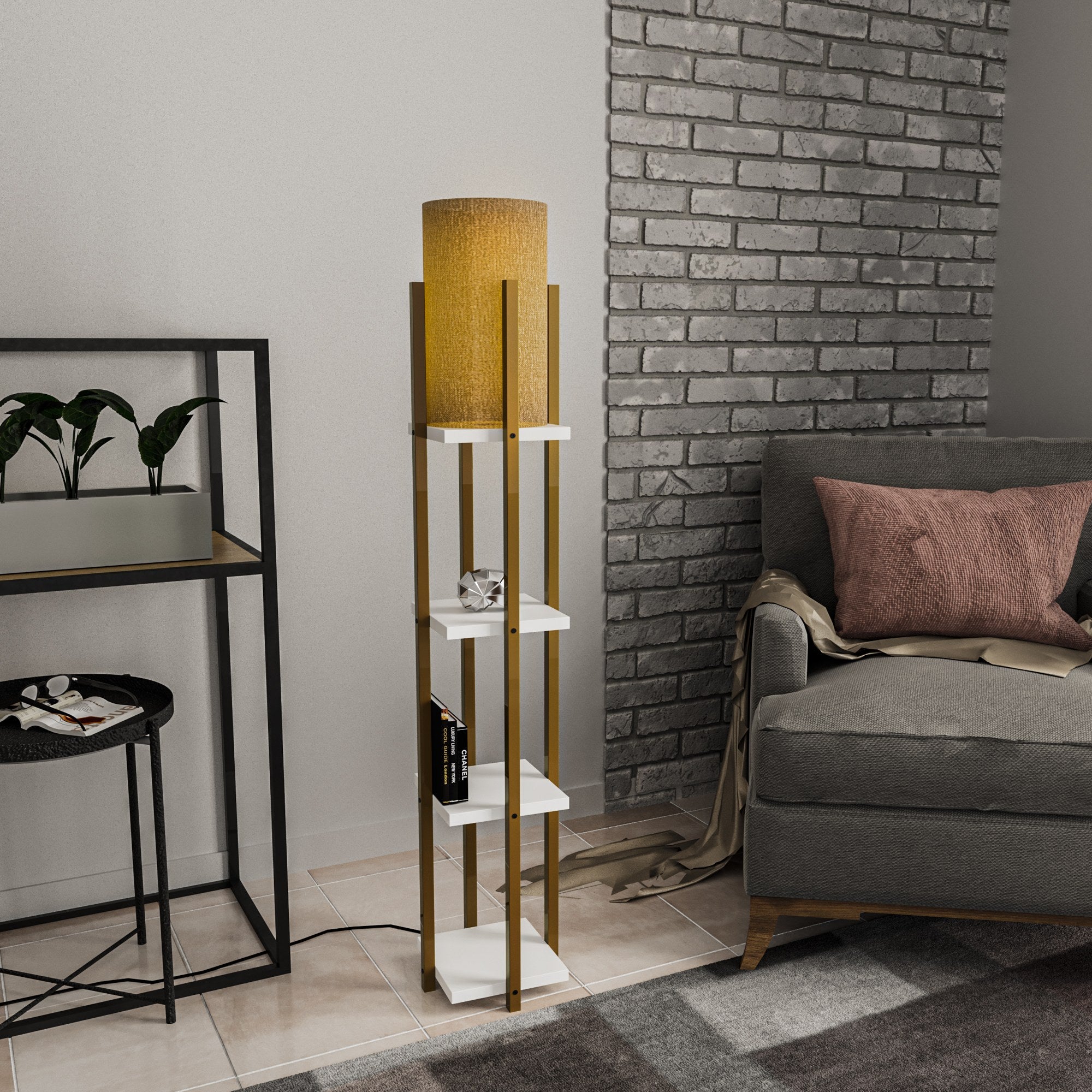 Candeeiro de Pé Elegante em Dourado e Branco, Corpo em Metal, 130 cm de Altura | Soquete E27, 40 W Máx., IP20 | Iluminação Elegante para Espaços Modernos, 25 cm de Largura