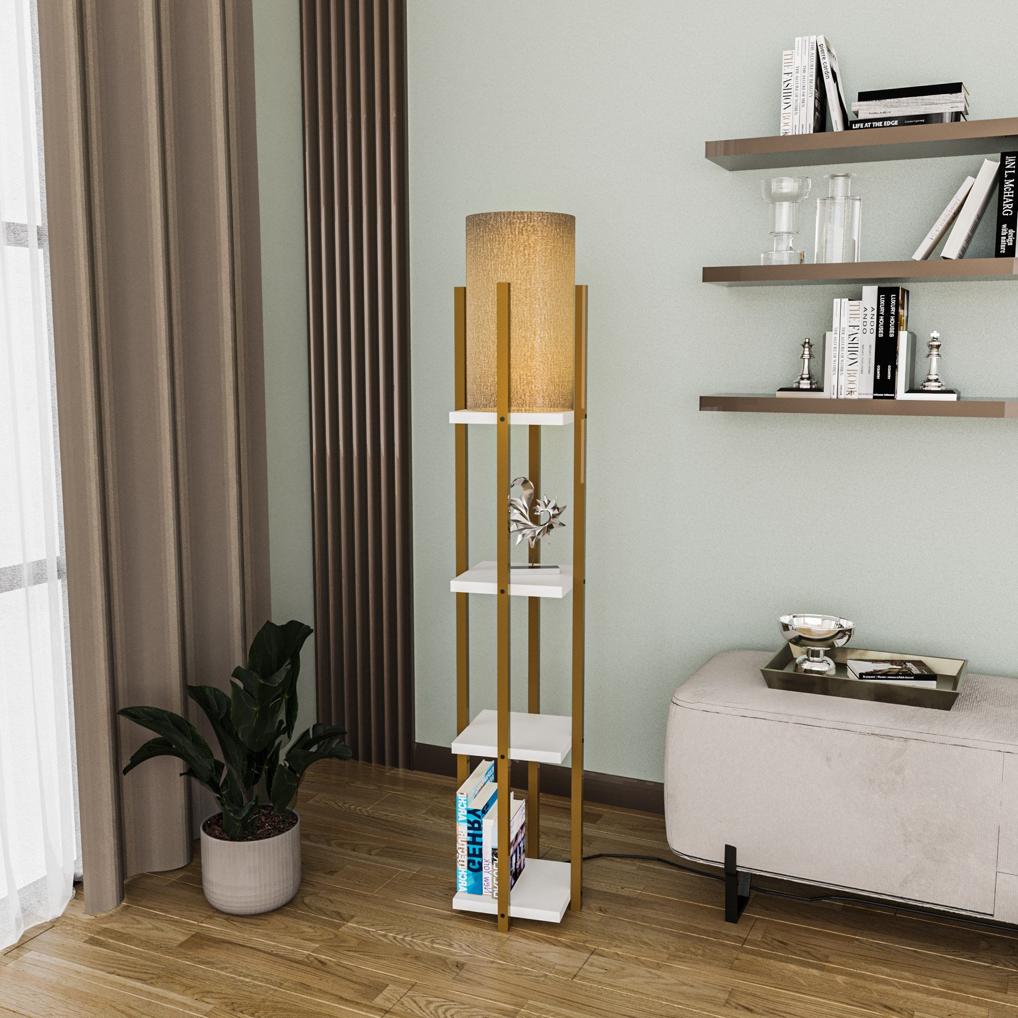 Candeeiro de Pé Elegante em Dourado e Branco, Corpo em Metal, 130 cm de Altura | Soquete E27, 40 W Máx., IP20 | Iluminação Elegante para Espaços Modernos, 25 cm de Largura
