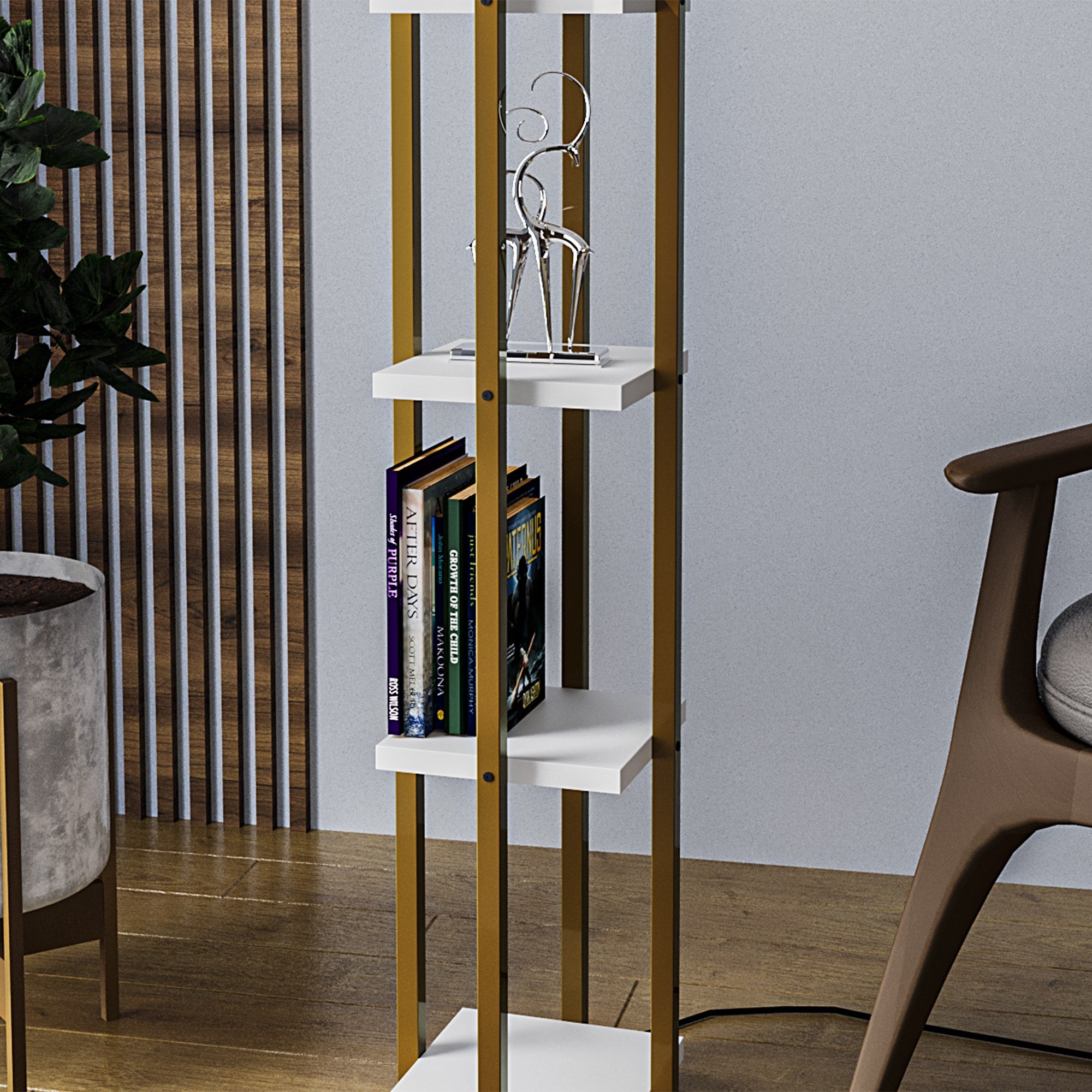 Candeeiro de Pé Elegante em Dourado e Branco, Corpo em Metal, 130 cm de Altura | Soquete E27, 40 W Máx., IP20 | Iluminação Elegante para Espaços Modernos, 25 cm de Largura